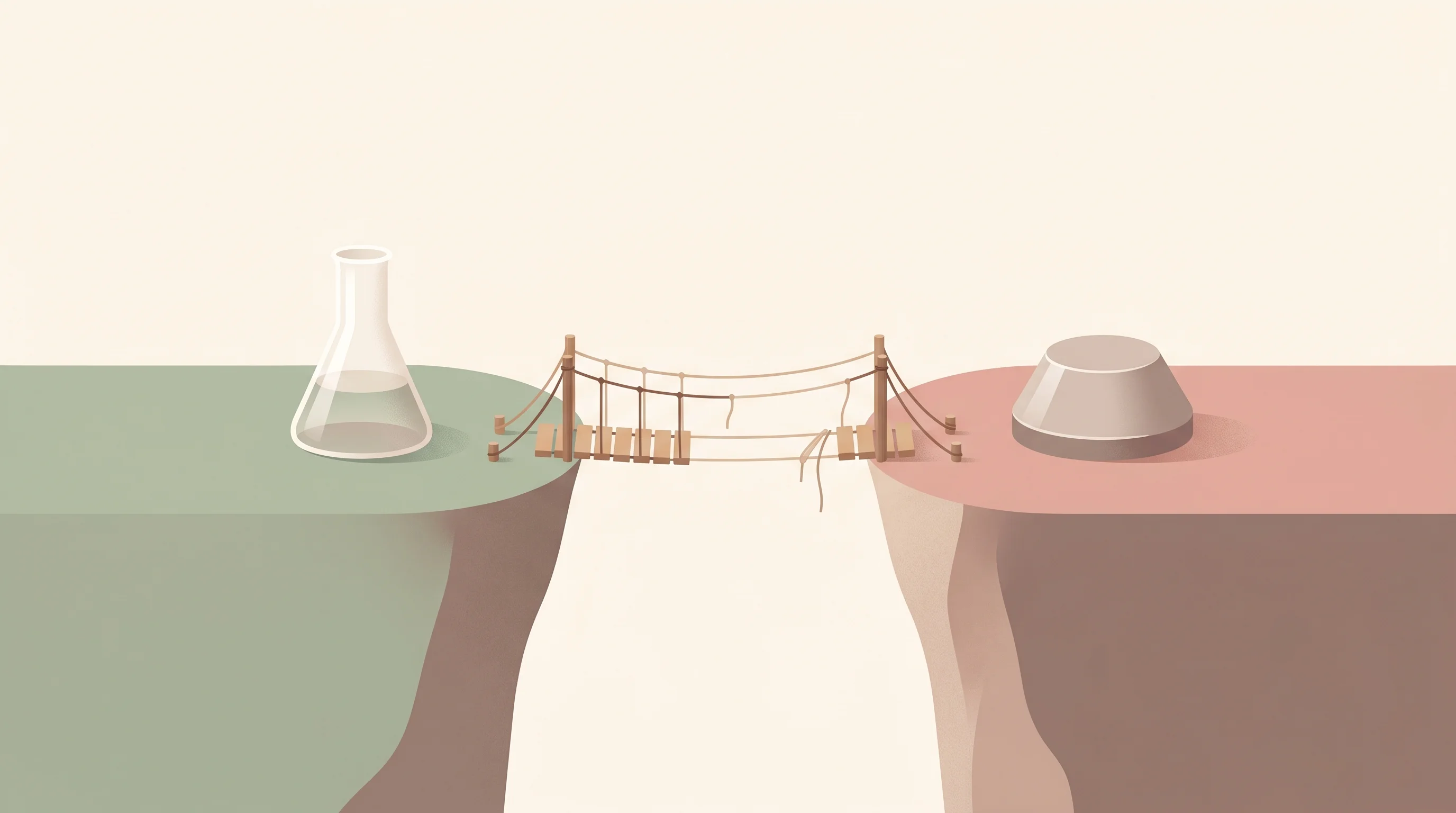 Digital illustration for article section "The Lab-to-Fab Chasm" in "Synapse Semiconductor puts neural networks inside pixels" - A conceptual, minimalist illustration representing the "Lab-to-Fab chasm," featuring a soft, abstrac...
