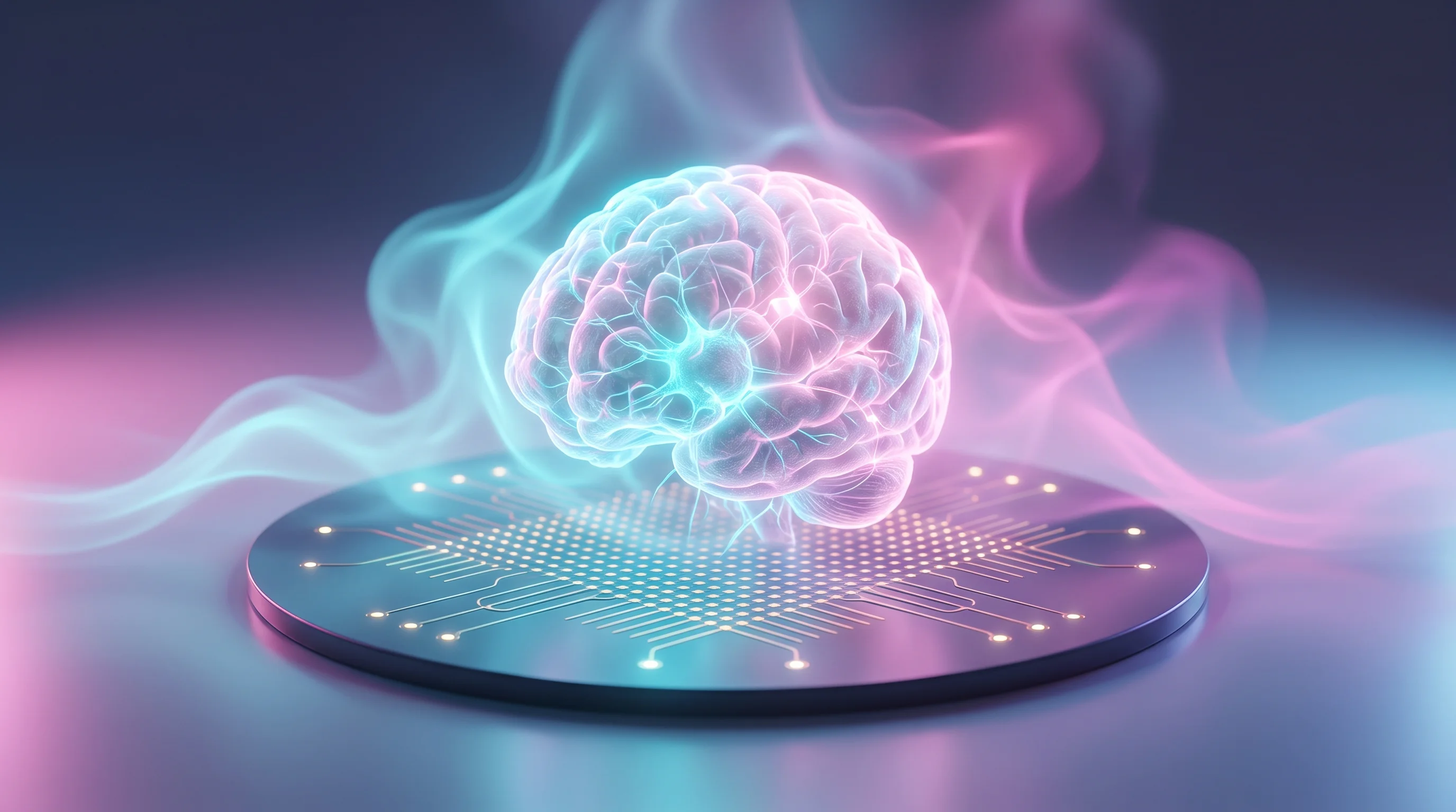Digital illustration for article section "A Field Taking Shape" in "Parasma trains human brain cells to predict AI tokens" - A conceptual and modern visualization of organoid intelligence, featuring a single, abstract three-d...