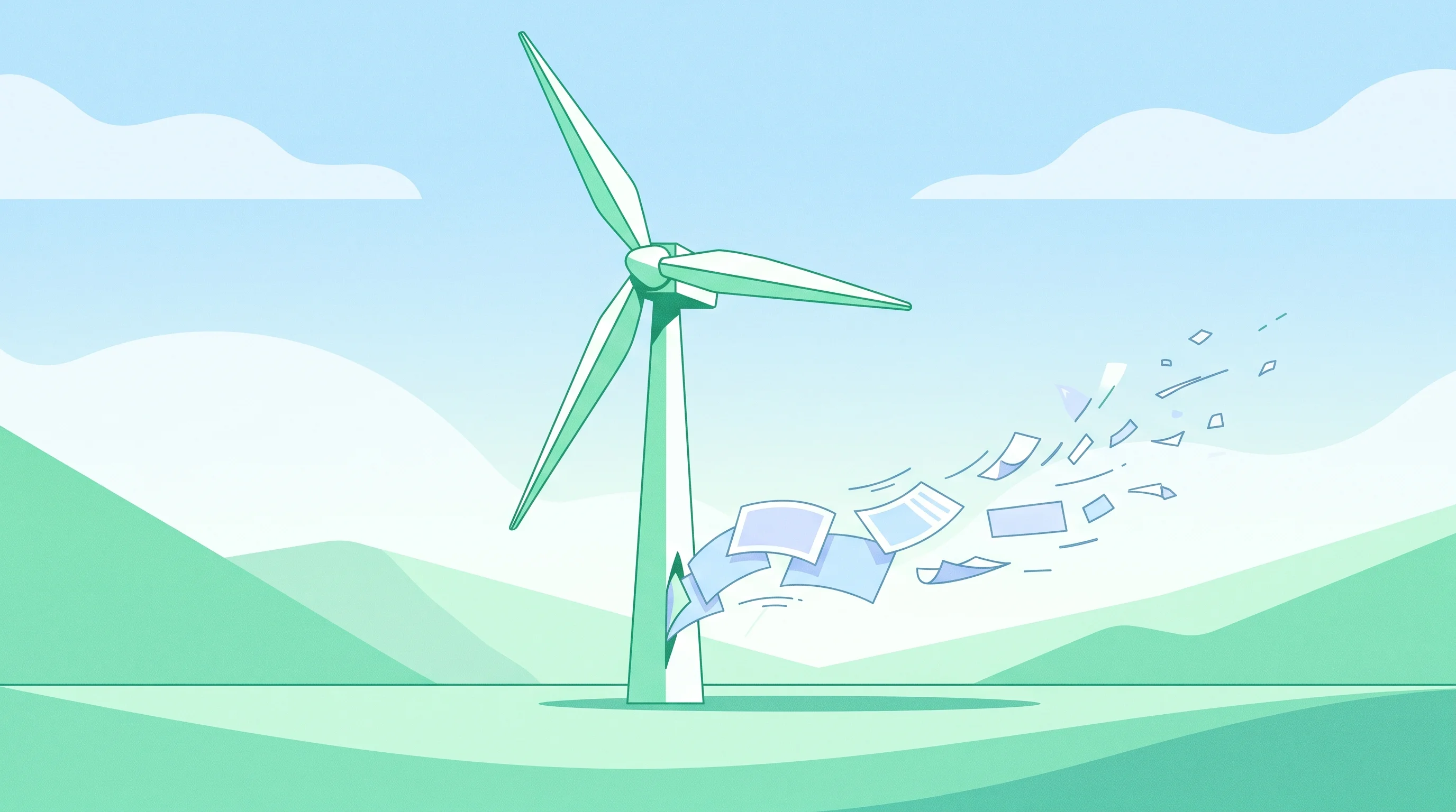 Digital illustration for article section "Content Section 4" in "Veridue raises $4M to speed energy due diligence with AI" - A minimalist, conceptual illustration featuring a sleek, sharply angled wind turbine standing tall w...