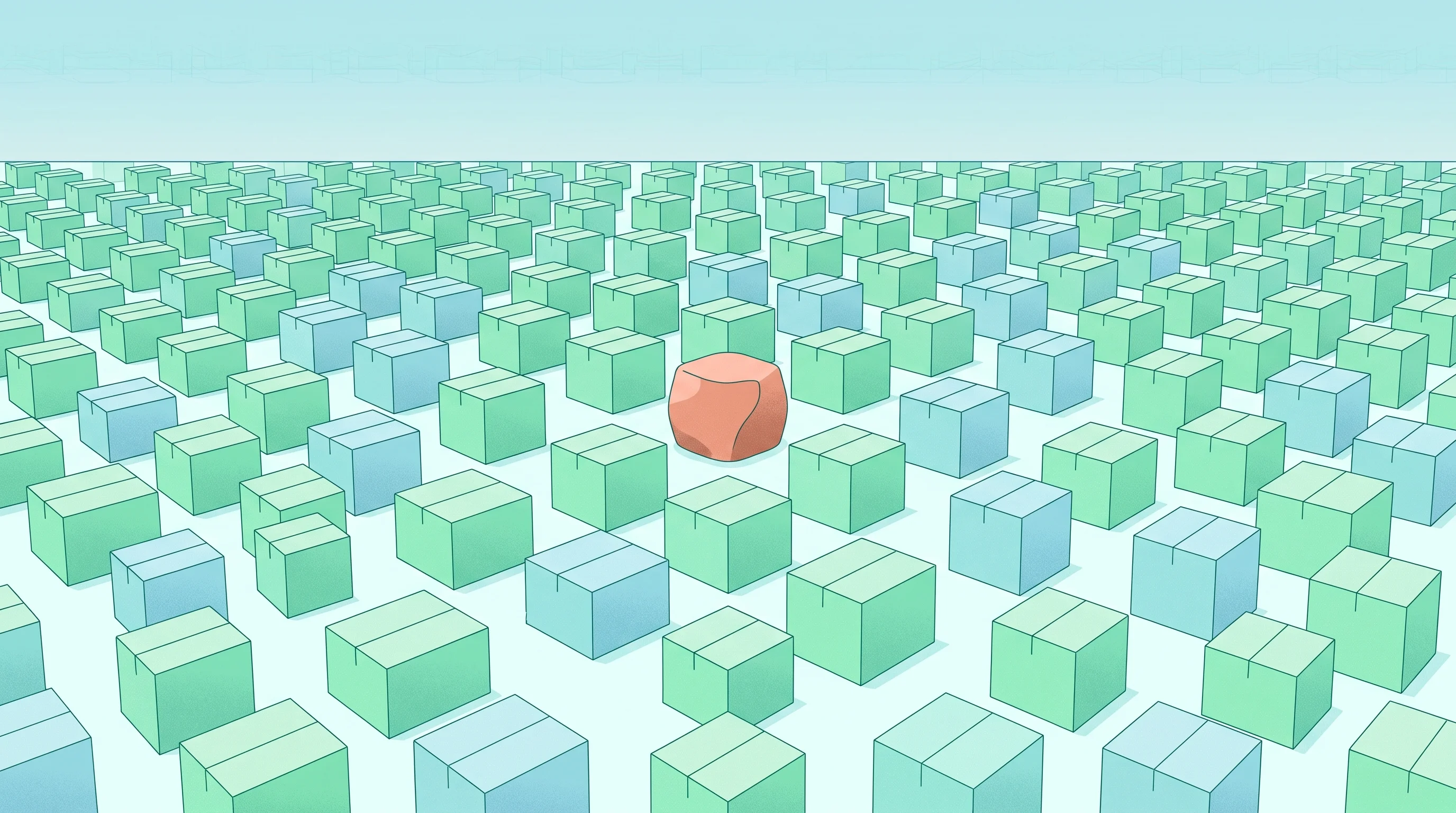 Digital illustration for article section "Crowded Field, Familiar Promises" in "Pango launches AI OS to automate e-commerce logistics" - A minimal, conceptual illustration of a crowded field of identical shipping boxes neatly arranged on...