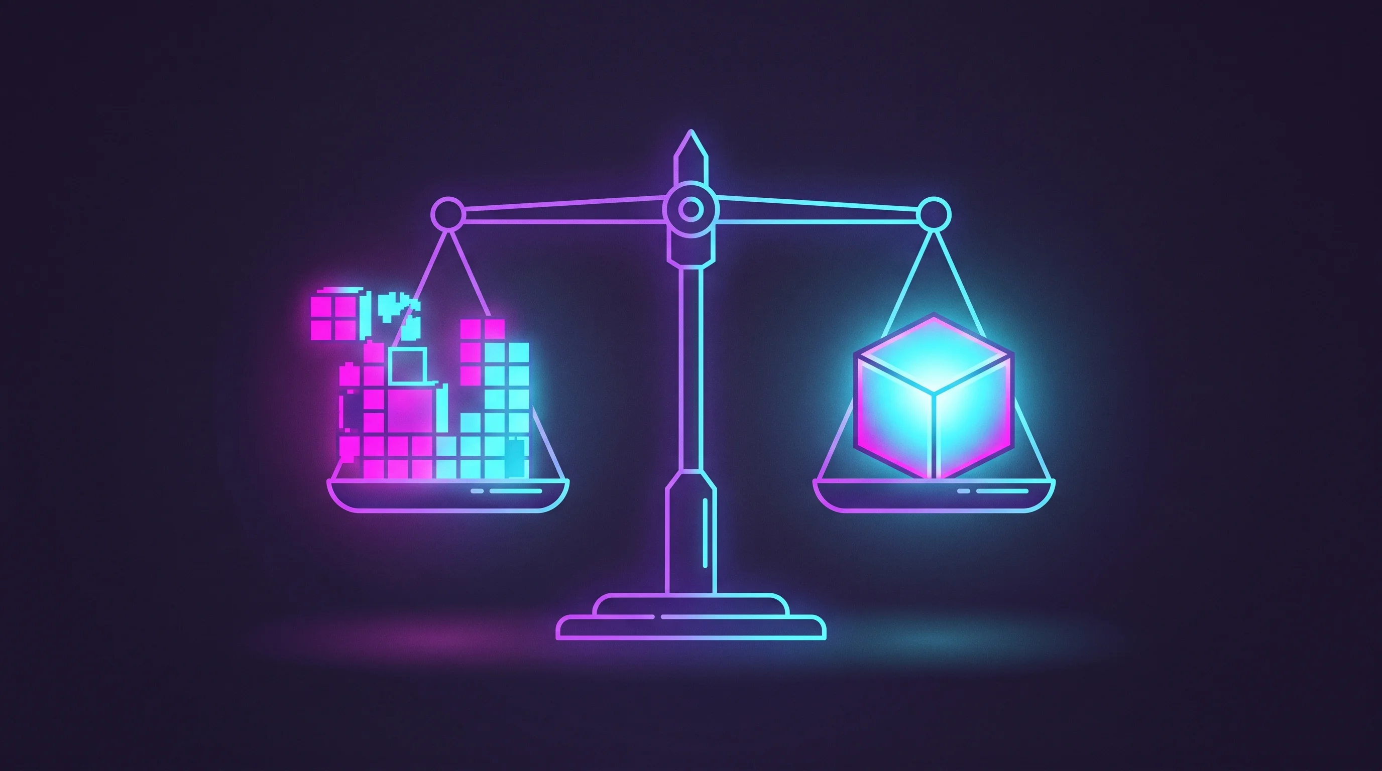 Digital illustration for article section "The Build-or-Buy Question" in "Perceptron ML trains AI on law firms' own case files" - A conceptual, minimalist composition illustrating the corporate "build-or-buy" dilemma, featuring a ...