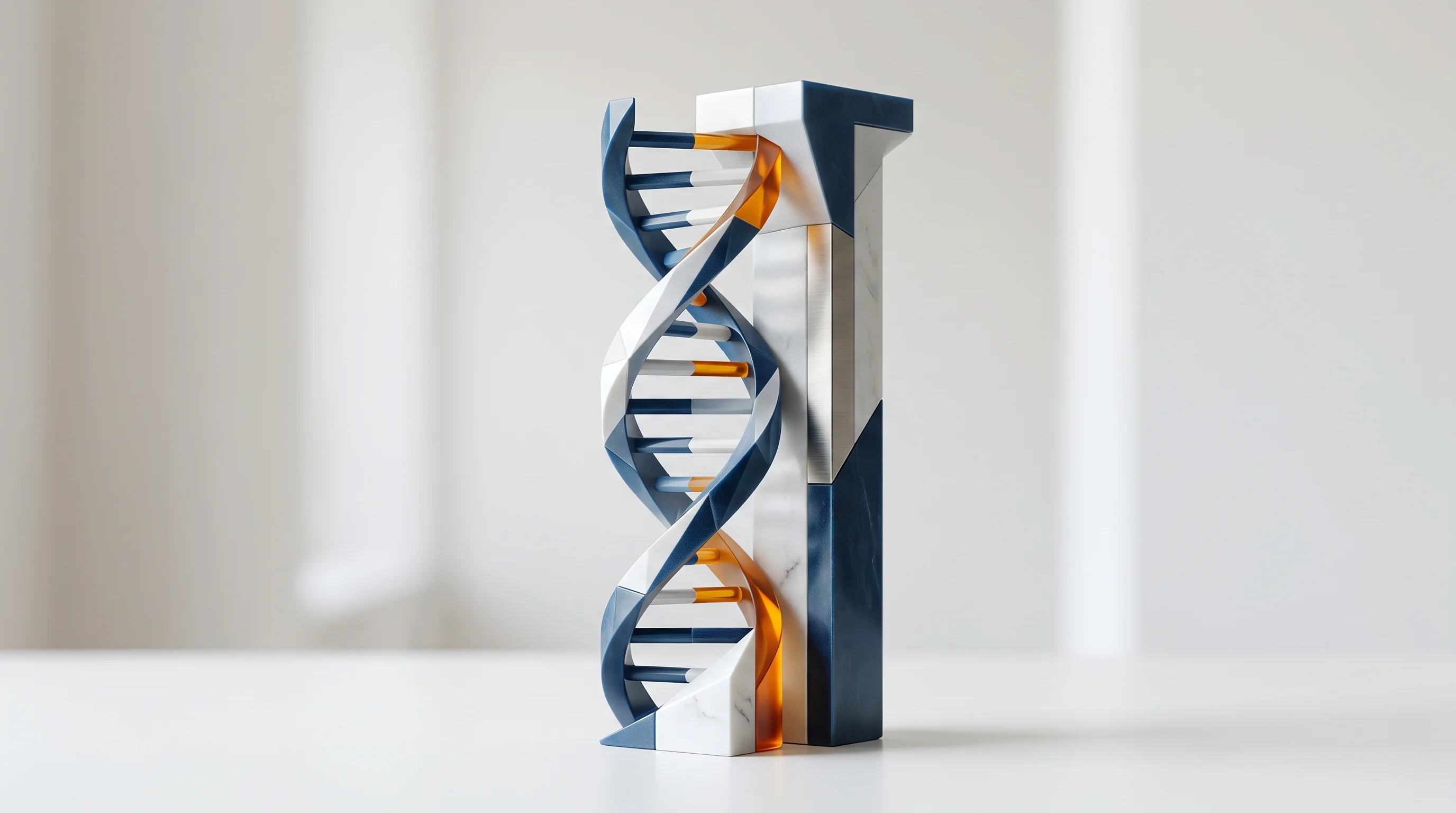 Digital illustration for article section "Content Section 3" in "AQ Biotech raises $2.9M to scale cancer screening in China" - A conceptual, minimalist still life featuring a sleek, abstract sculpture of a DNA double helix seam...