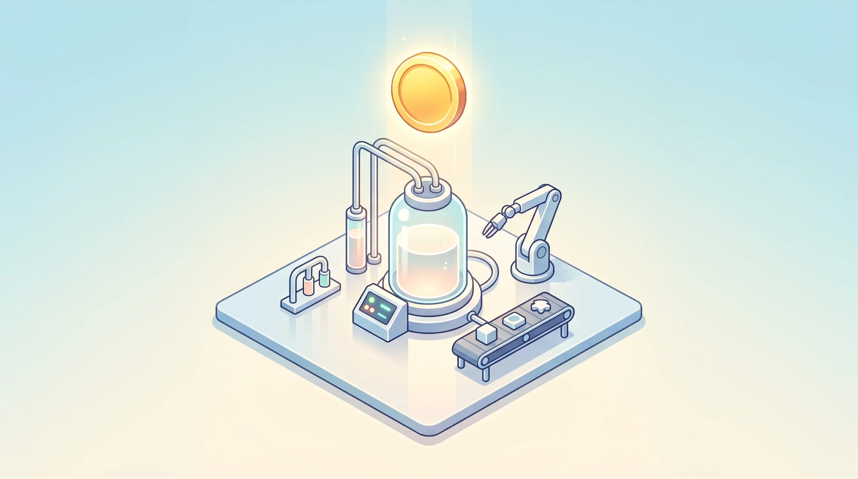 Digital illustration for article section "Content Section 4" in "BrainChild Bio raises $116M to advance DIPG brain cancer therapy" - A clean, minimalist top-down isometric view of a modern laboratory manufacturing station, representi...