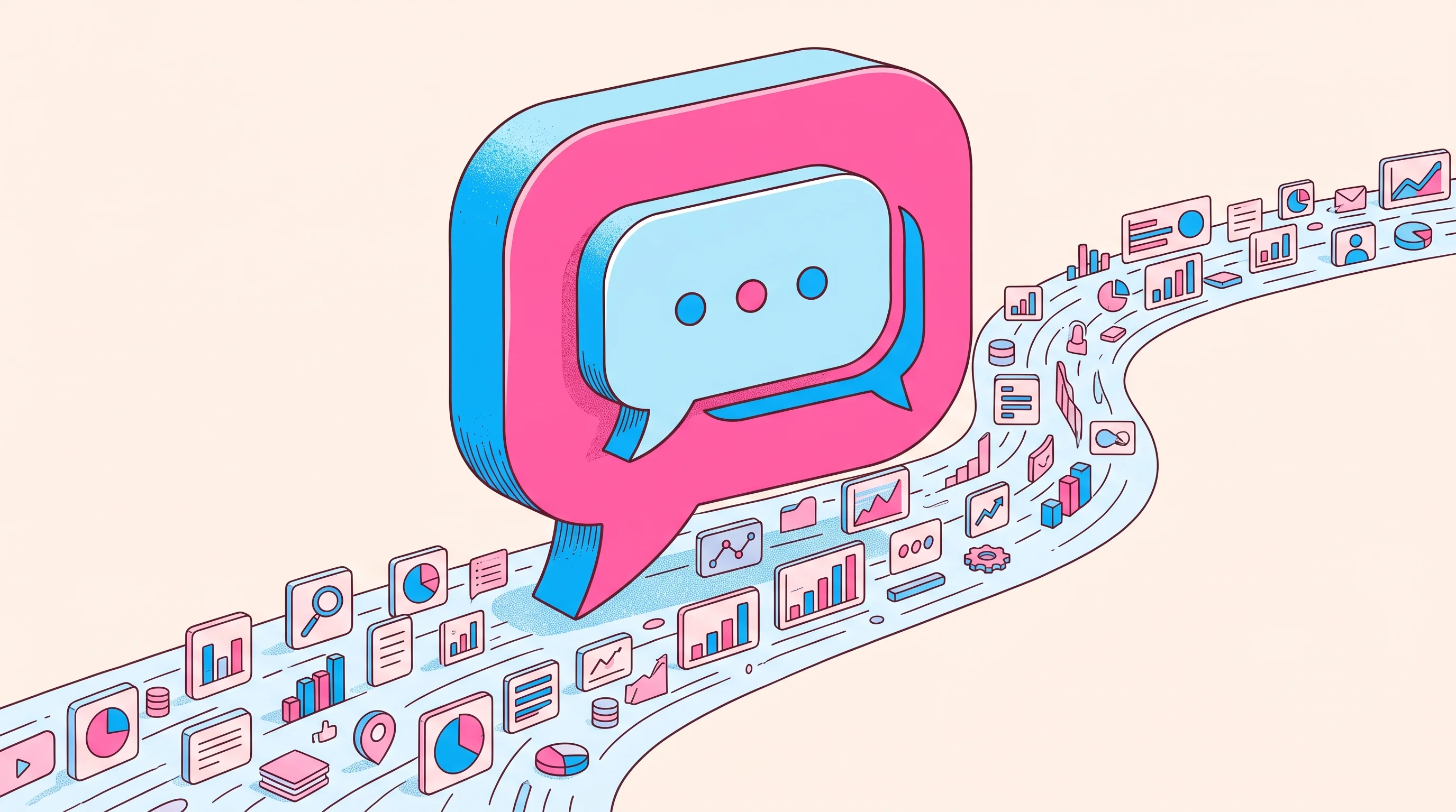 Digital illustration for article section "Content Section 3" in "ChatGPT referrals to B2B sites jumped 303% in one year" - A massive, stylized conversational speech bubble dominates the center of the composition, symbolizin...