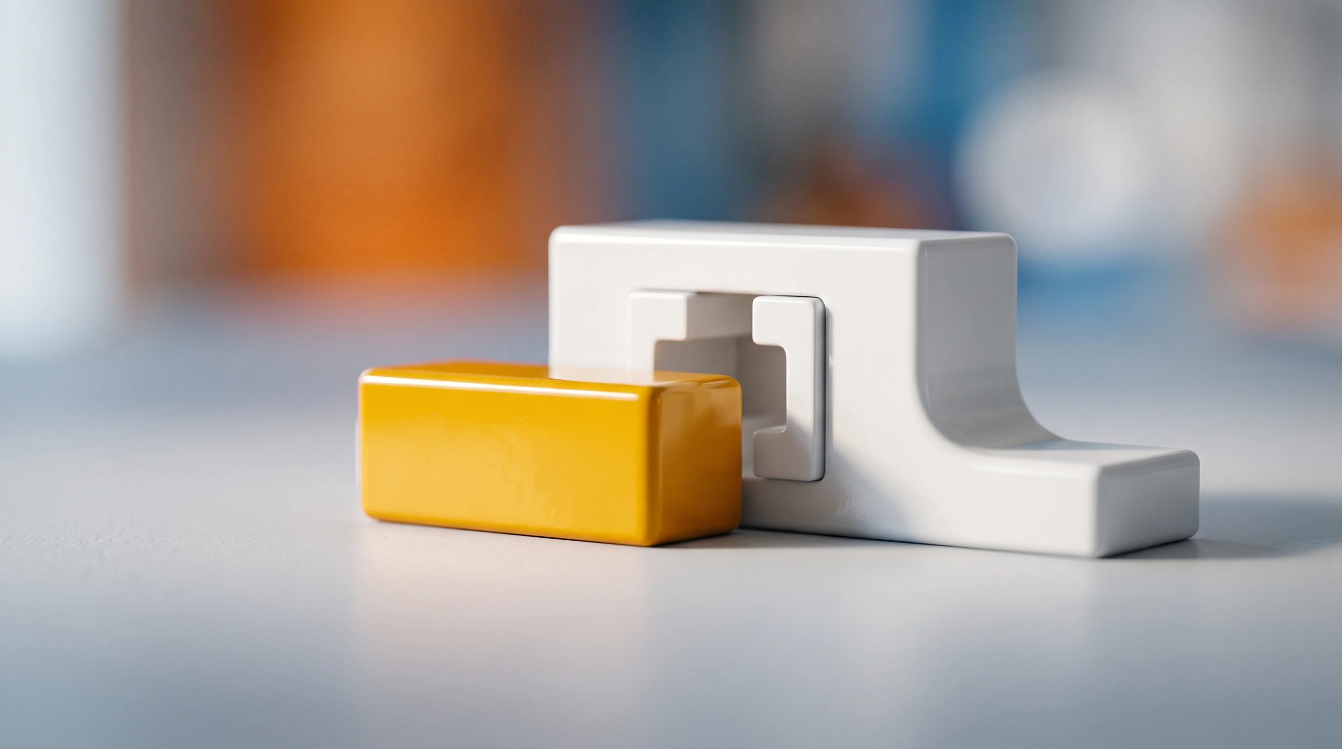 Digital illustration for article section "Content Section 3" in "Fusionality raises $3.7M for fusion reactor control systems" - A clean, minimal macro photography shot of a sleek, abstract miniature plastic building block scene ...