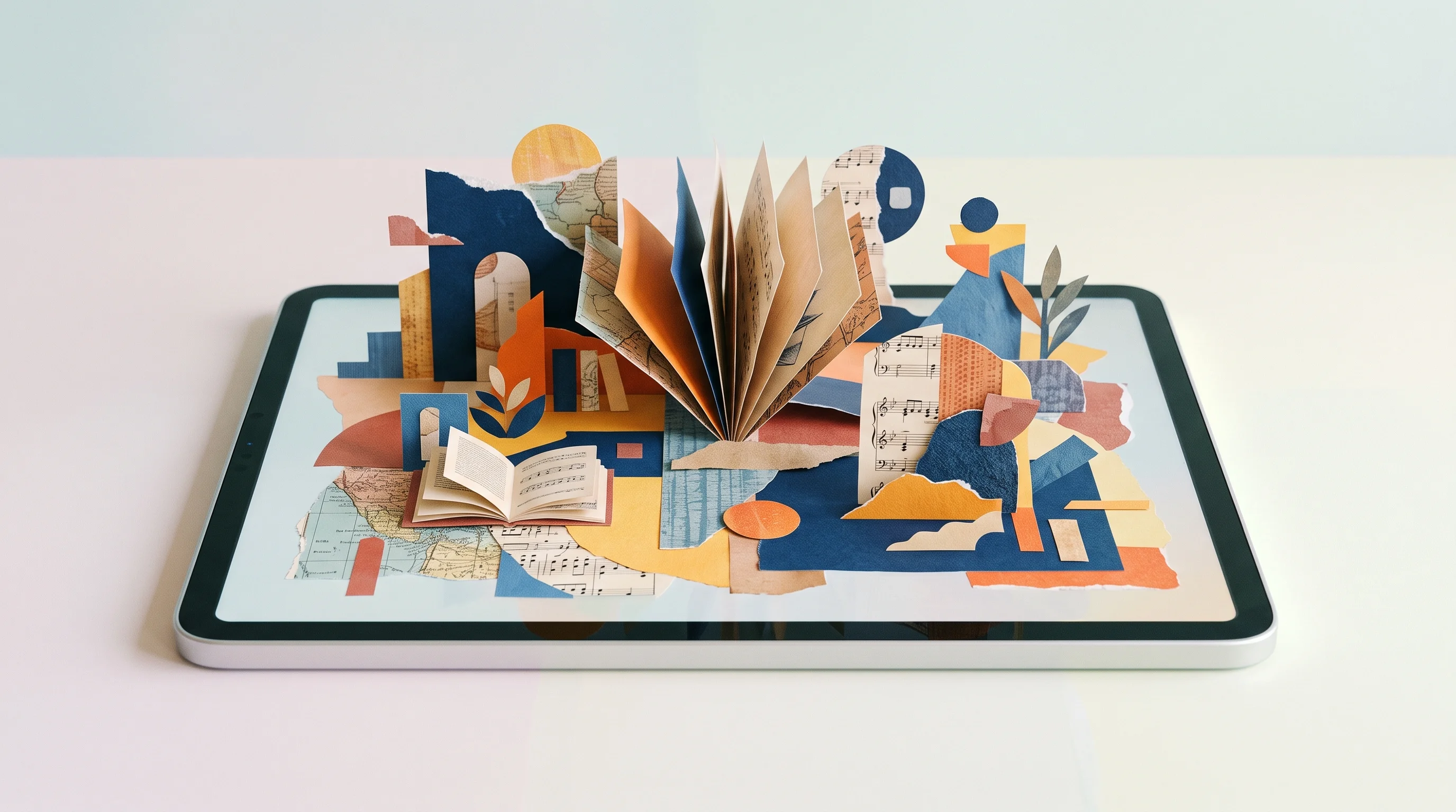 Digital illustration for article section "Content Section 2" in "Ed.ai expands AI math grading tool across US schools" - A sleek, modern digital tablet resting on a clean, minimalist surface, displaying an interactive dig...