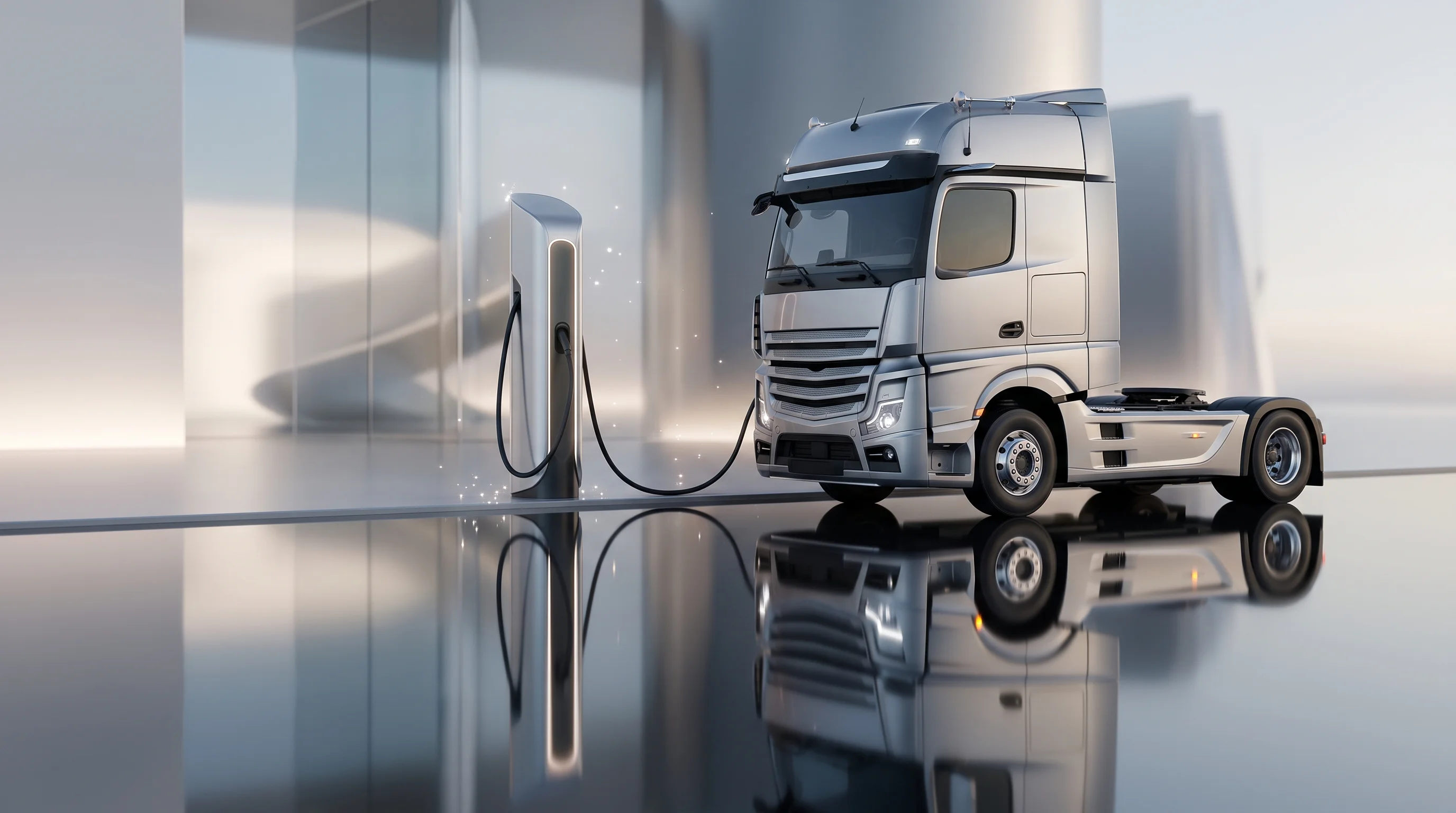 Digital illustration for article section "Testing the Concept in Bavaria and Beyond" in "FRYTE Mobility raises $4.1M to coordinate eTruck charging" - A clean, minimalist composition featuring a sleek, modern commercial electric truck positioned next ...