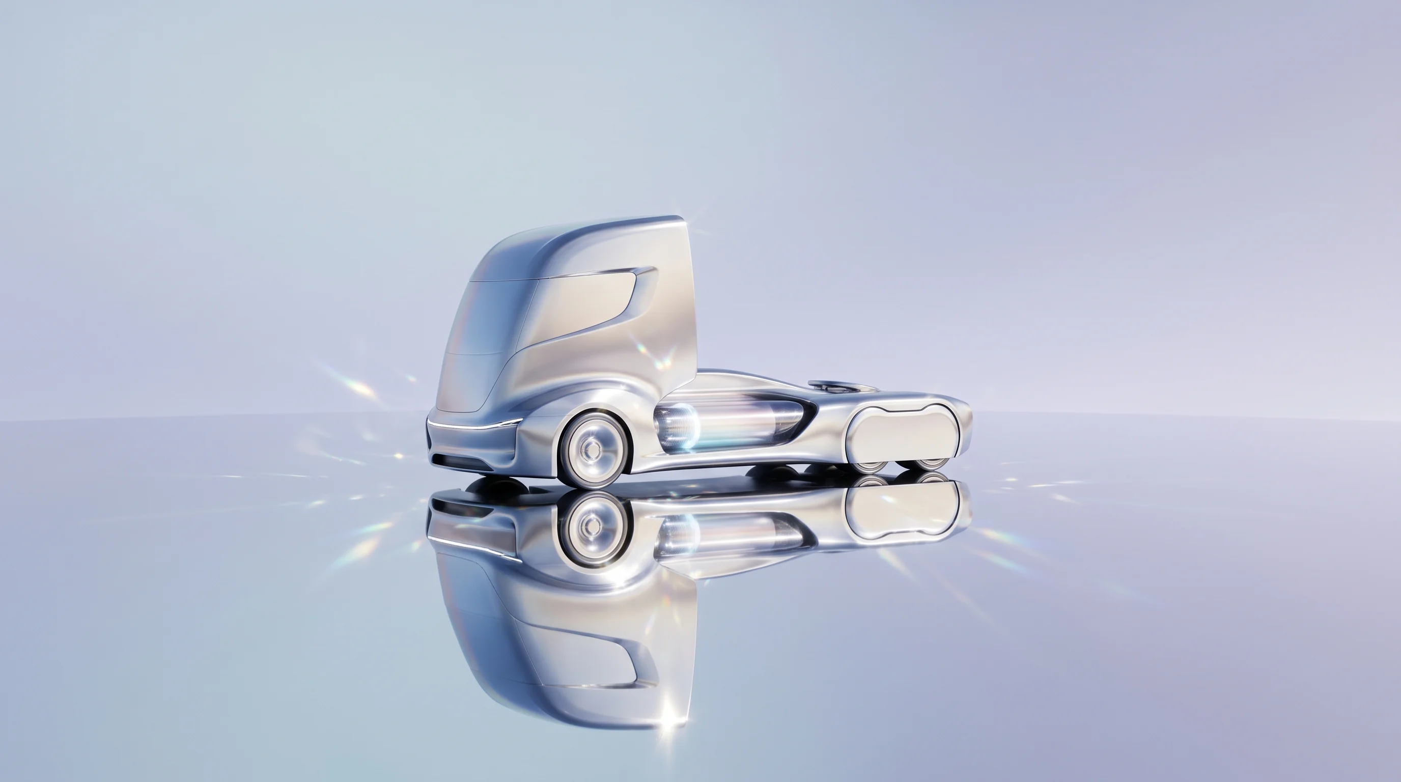 Digital illustration for article section "The Team and the Backers" in "FRYTE Mobility raises $4.1M to coordinate eTruck charging" - A sleek, minimalist, and conceptual sculptural model of a futuristic long-haul electric truck restin...