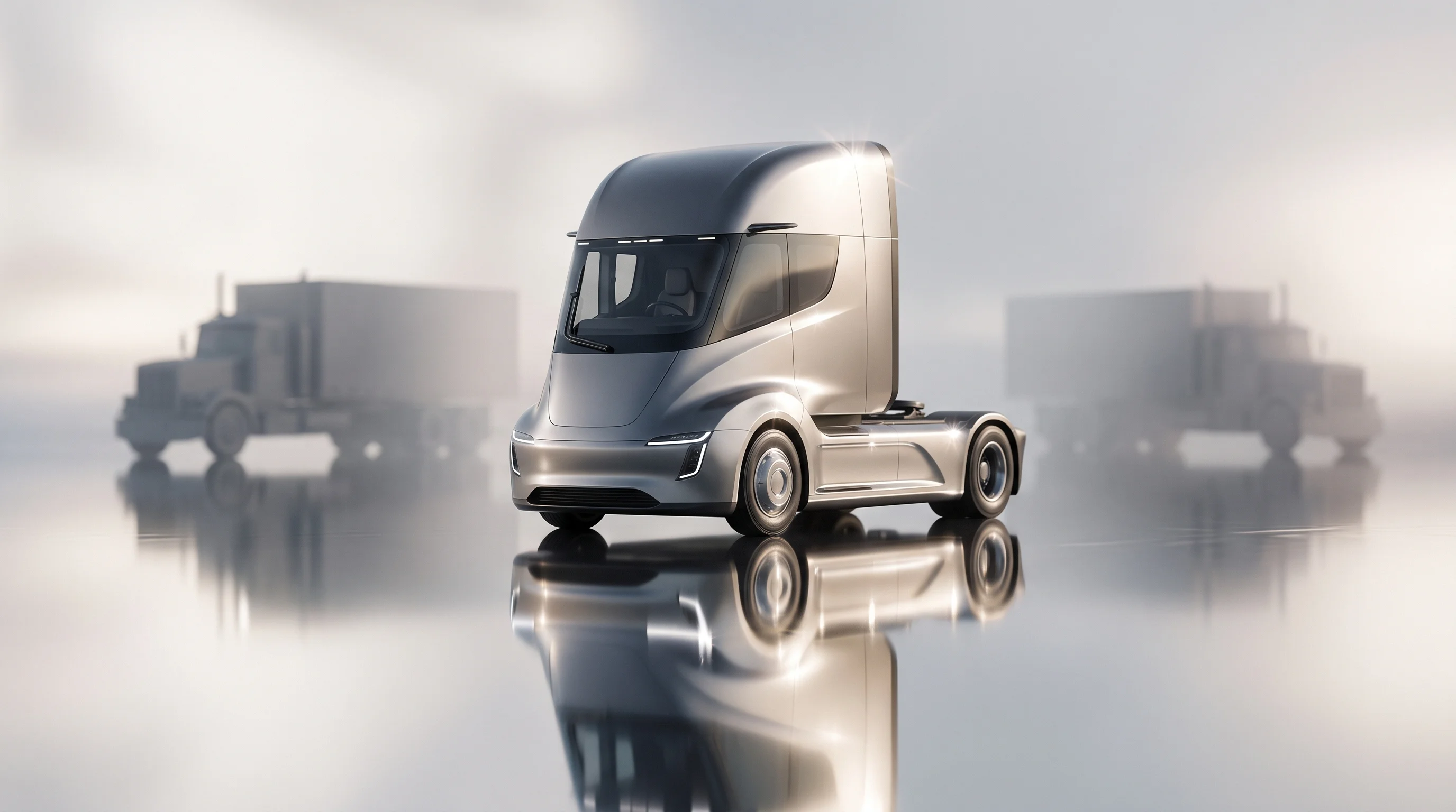 Digital illustration for article section "Regulatory Push Meets Market Reality" in "FRYTE Mobility raises $4.1M to coordinate eTruck charging" - A sleek, minimalist modern heavy-duty electric truck cab positioned on an extremely reflective, mirr...