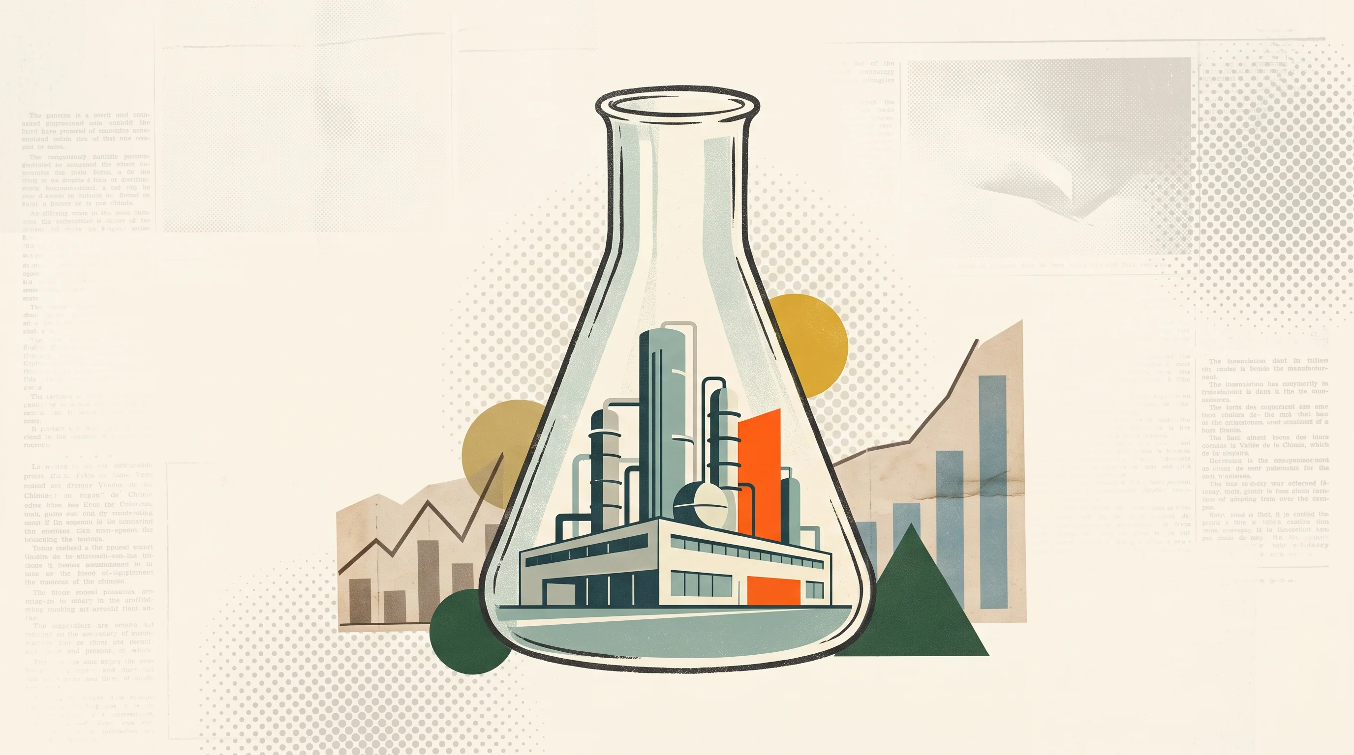 Digital illustration for article section "Content Section 3" in "MCatalysis raises $5M to make low-carbon fuel below fossil cost" - A conceptual, minimalist vintage collage representing fresh capital investment in an industrial chem...