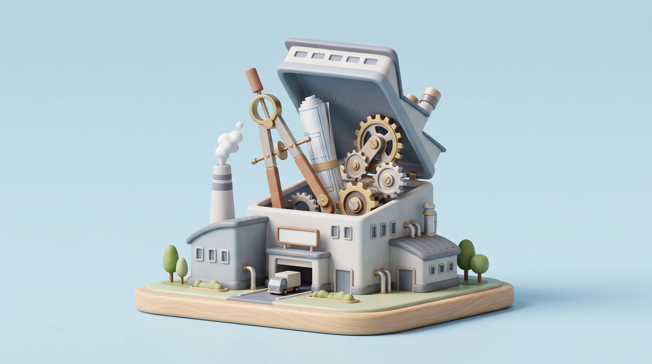 Digital illustration for article section "Content Section 4" in "BESXAR raises $9.3M for orbital semiconductor factories" - A charming 3D miniature model of a modern industrial facility sitting on a clean, uncluttered pastel...