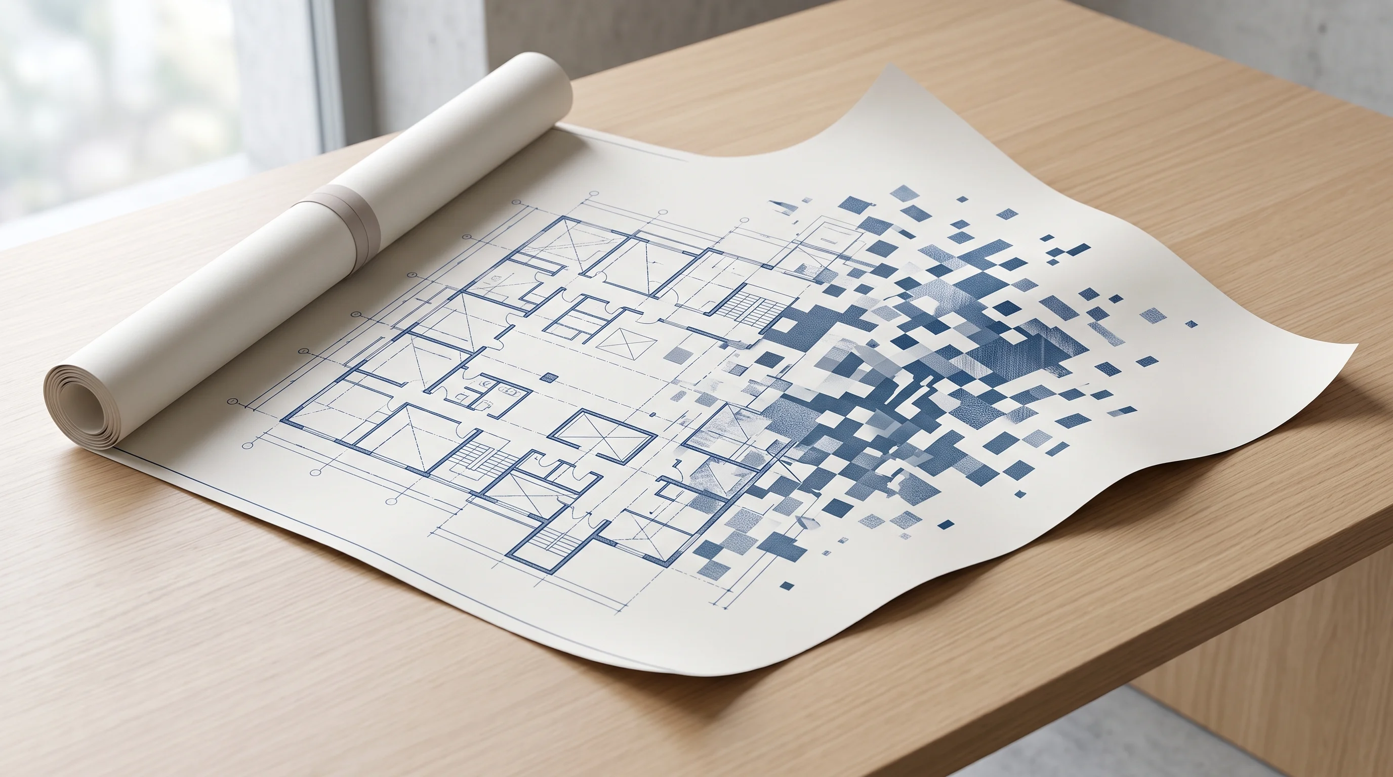 Digital illustration for article section "Content Section 3" in "Buildcheck raises $12M for AI spell-checker for blueprints" - A minimalist and conceptual representation of construction drawing reviews, featuring a large, parti...