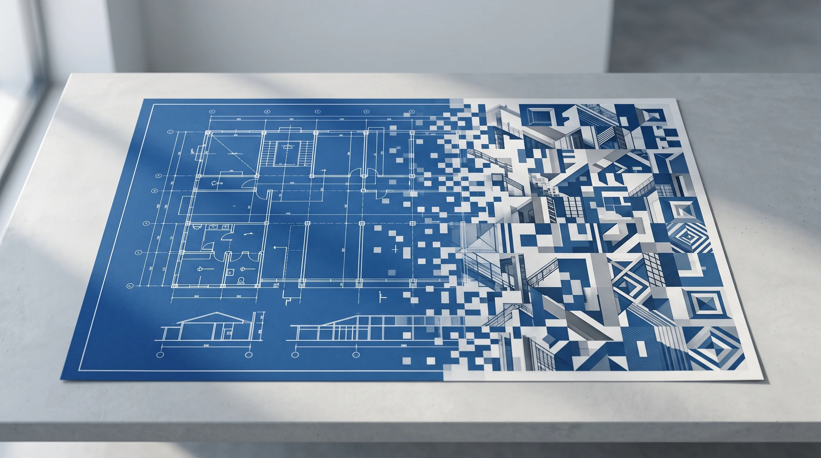 Digital illustration for article section "Content Section 4" in "Buildcheck raises $12M for AI spell-checker for blueprints" - A clean, minimalist composition featuring a large, detailed architectural blueprint resting on a sle...