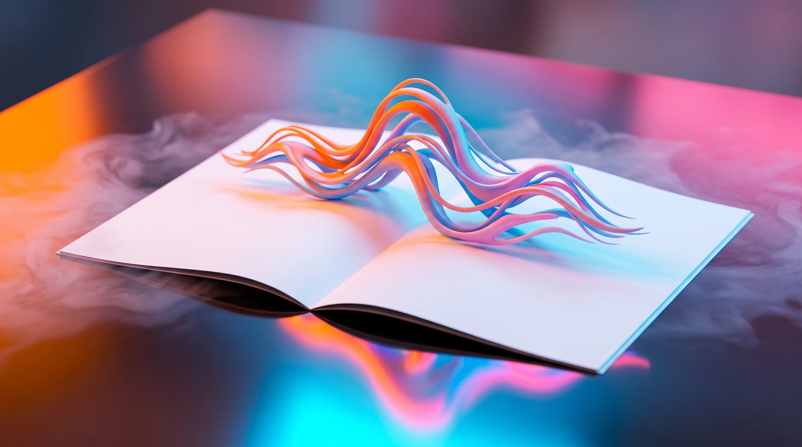 Digital illustration for article section "The Bezos Factor" in "Flourish raises $500M to build brain-inspired AI" - A sleek, minimalist two-page pitch document resting on a highly reflective, glossy surface, with smo...