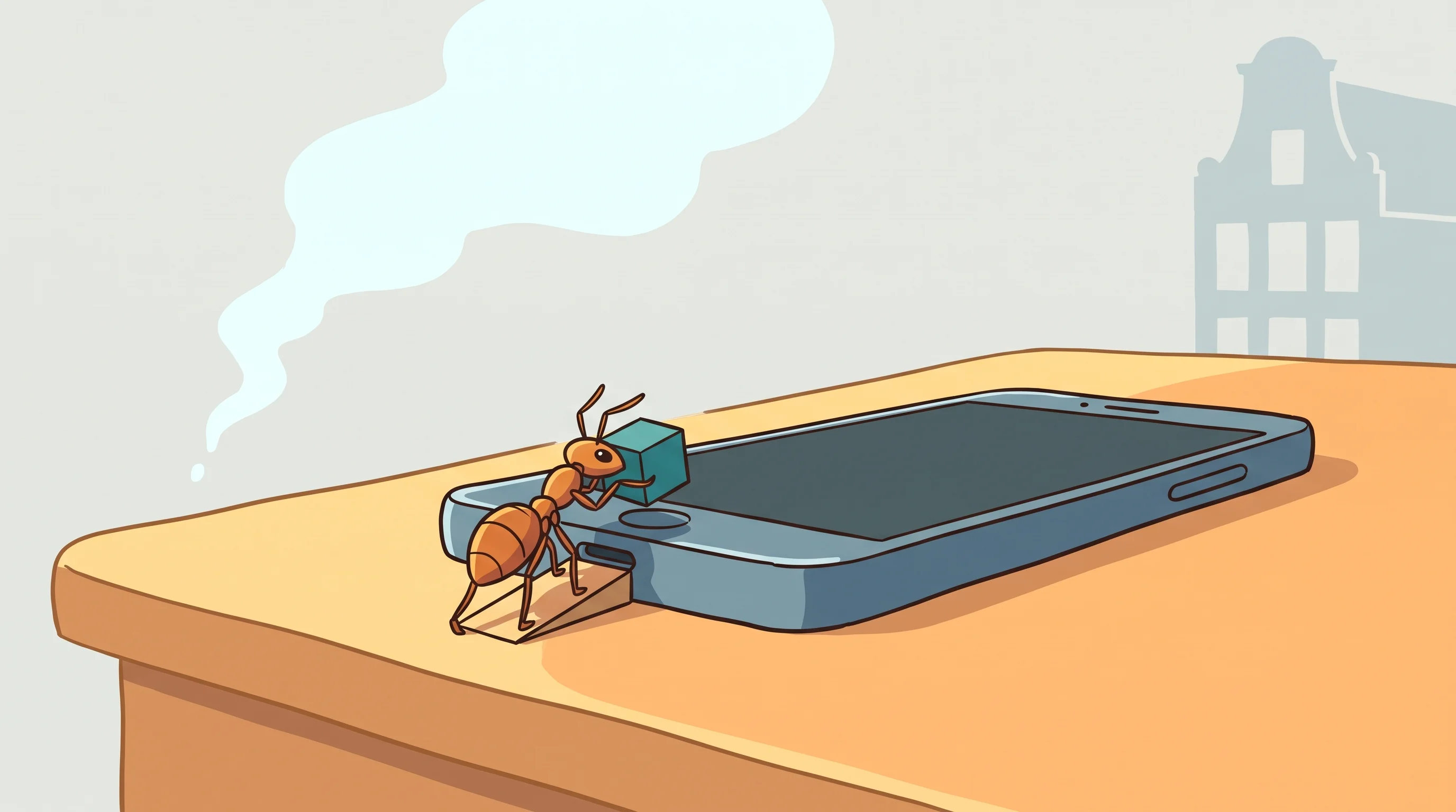 Digital illustration for article section "Content Section 3" in "Desert Ant Labs launches 18 on-device AI models" - A minimal and clean illustration of a sleek smartphone resting on a smooth desk surface, featuring a...