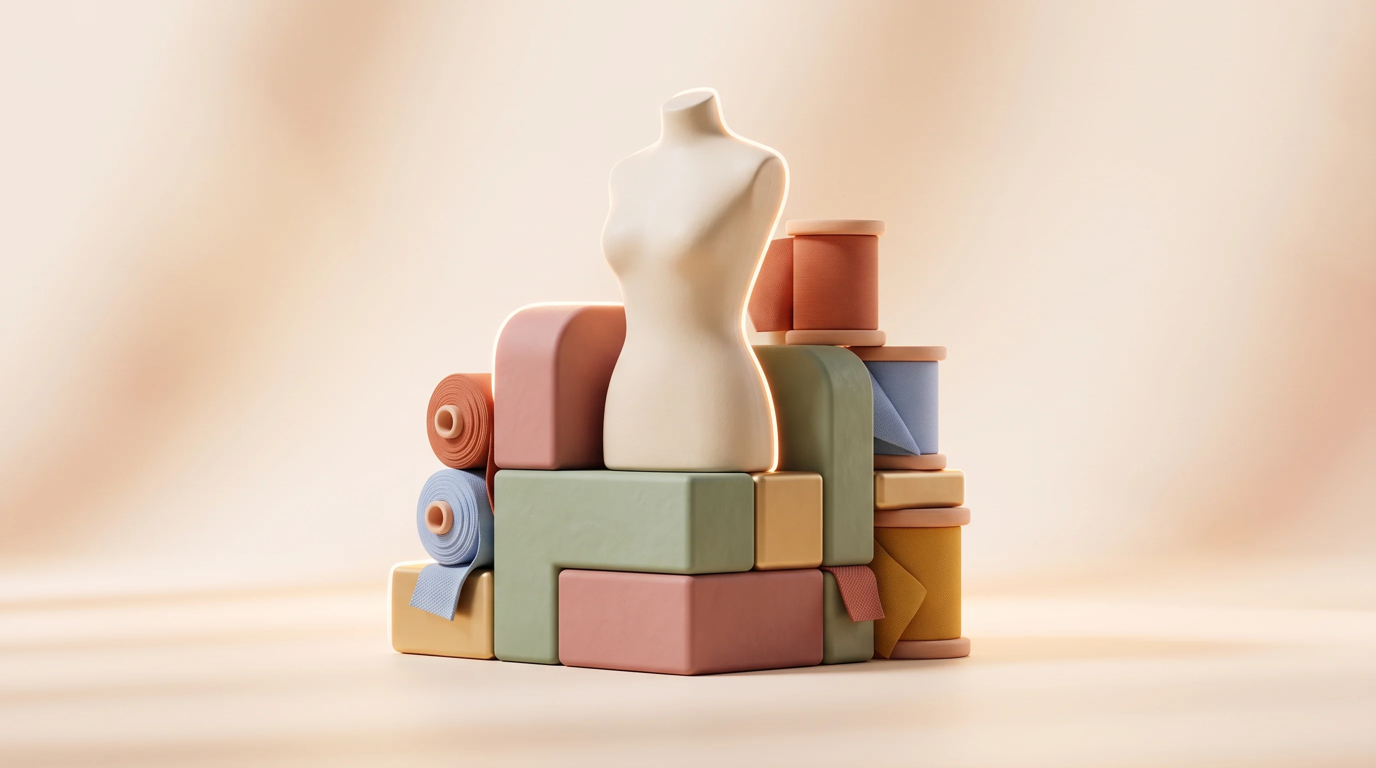 Digital illustration for article section "Competitive Landscape and Fashion Tech Credentials" in "Lumesa raises $6M to scale AI visuals for eCommerce brands" - A clean and minimalist conceptual 3D illustration representing content infrastructure for modern fas...