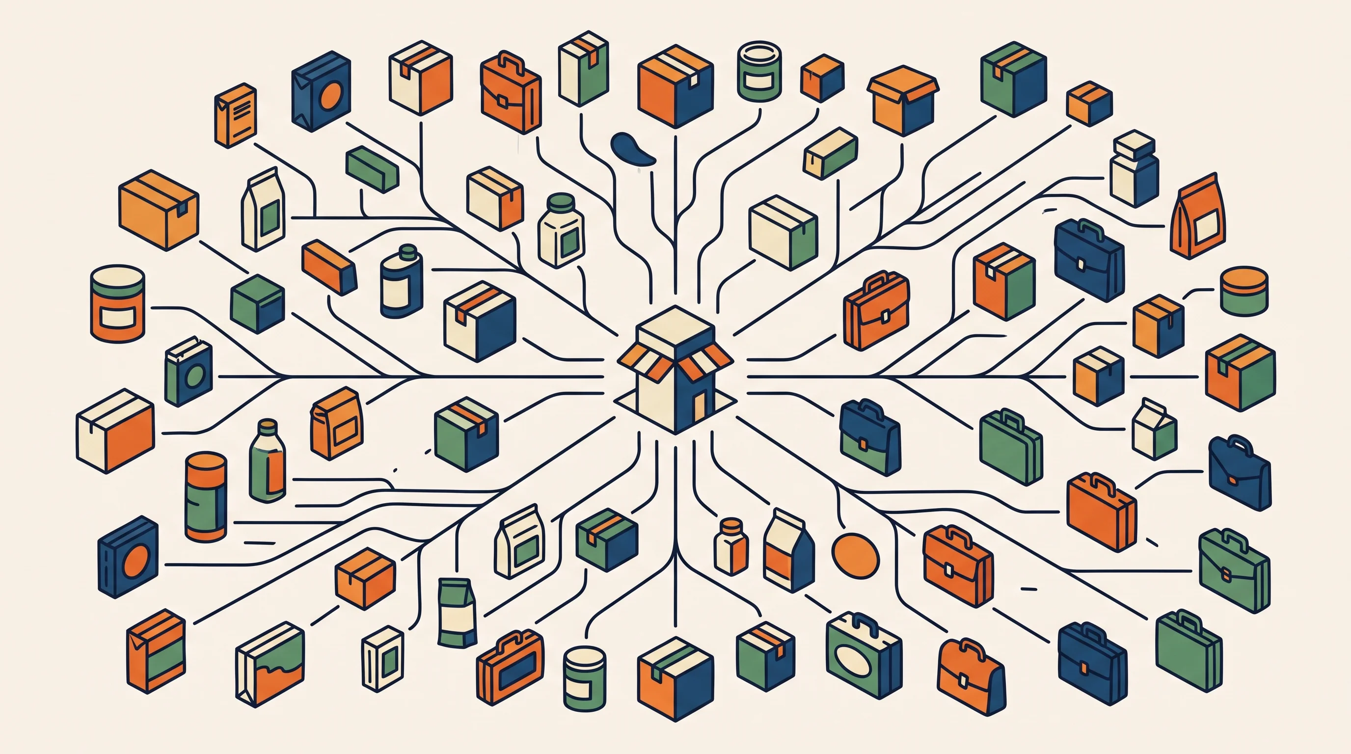Digital illustration for article section "Content Section 2" in "Highstock raises $30M to liquidate excess brand inventory" - A minimalist, conceptual illustration of a central marketplace hub seamlessly connecting a diverse a...