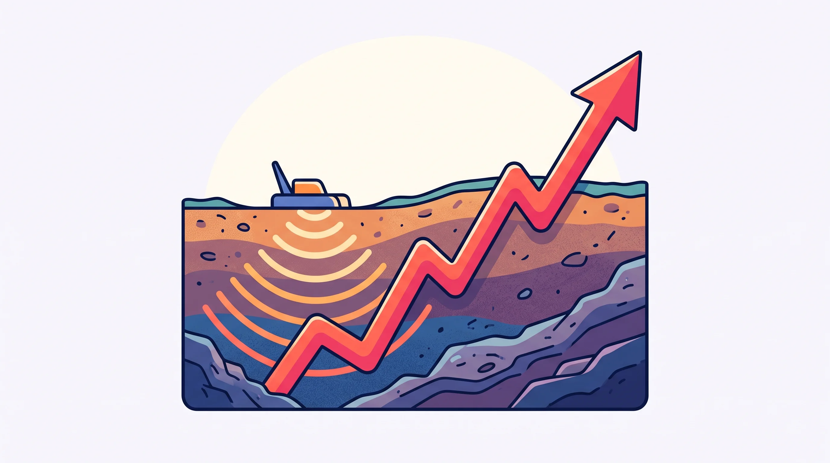 Digital illustration for article section "Content Section 3" in "Applied Electrodynamics launches camera that sees through walls" - A minimalist, conceptual illustration depicting the financial growth of the ground-penetrating radar...