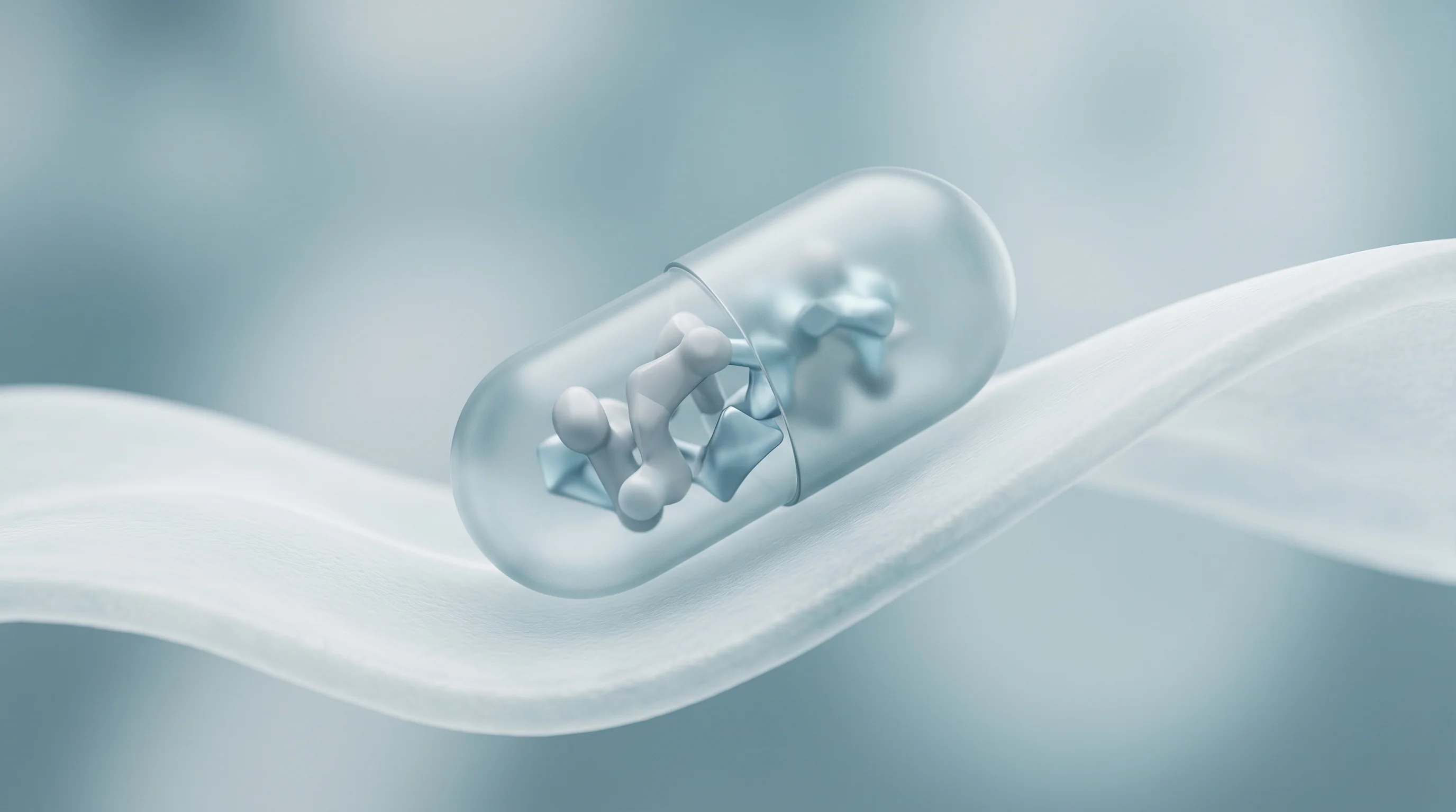 Digital illustration for article section "The Formidable Science of Oral Biologics" in "WonderTx uses extrapolative AI to turn injections into pills" - A pristine, minimalist composition featuring a single, simplified geometric representation of a larg...