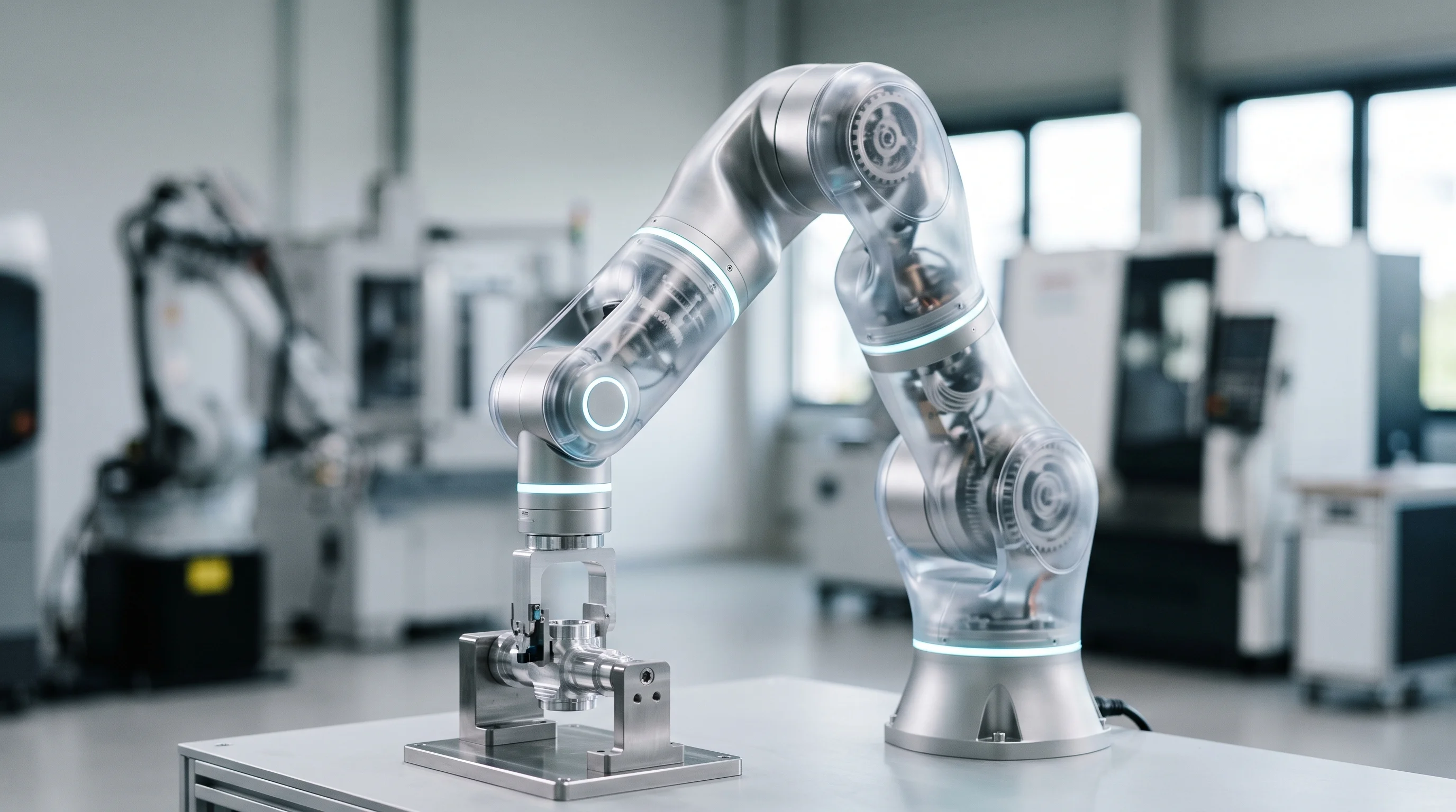 Digital illustration for article section "A Crowded Field" in "Waddle Labs launches AI platform to control robots via prompts" - A sleek, minimalist industrial robotic arm engaged in a precise machine-tending workflow, serving as...