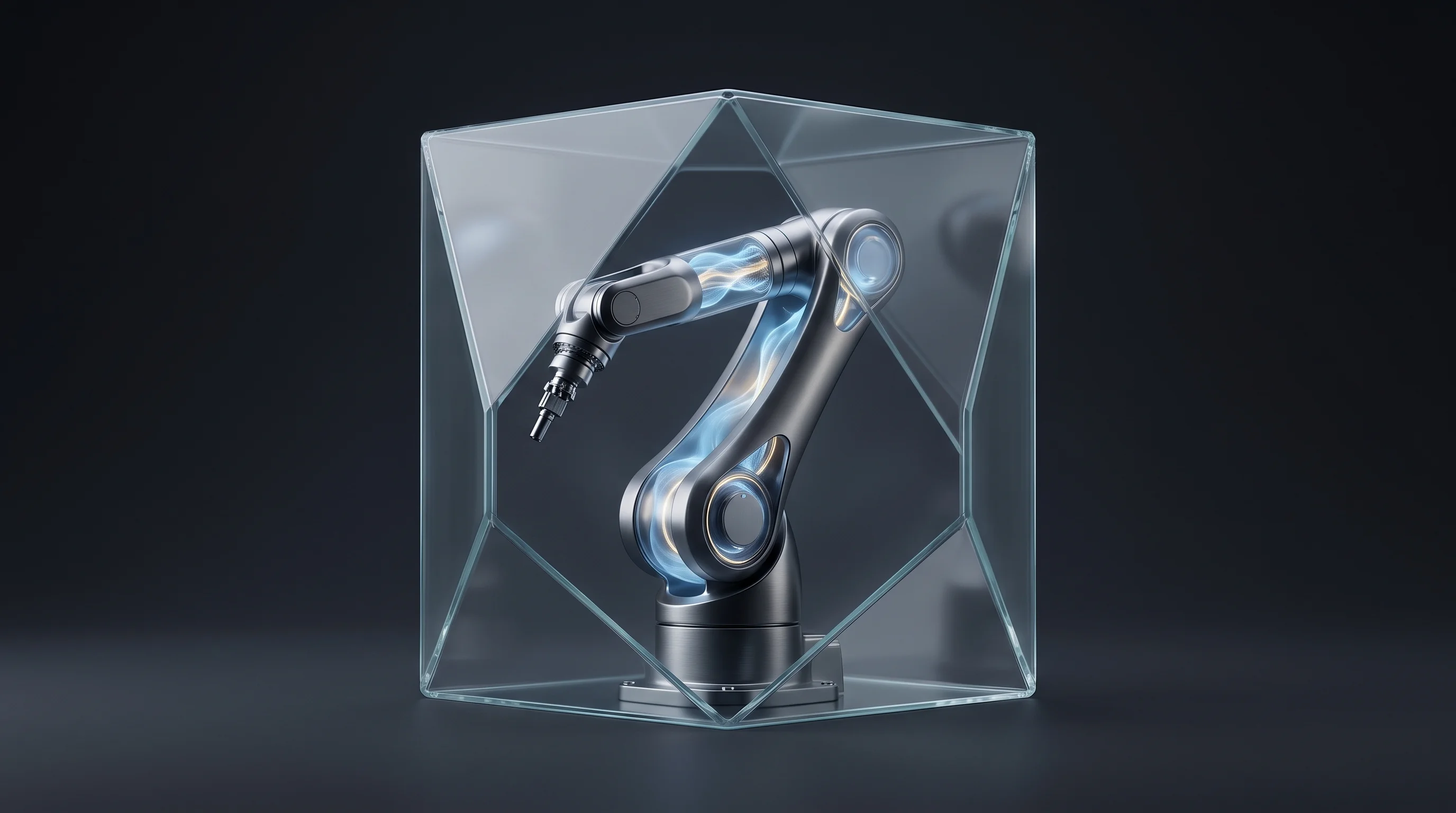 Digital illustration for article section "The Safety Problem" in "Waddle Labs launches AI platform to control robots via prompts" - A clean, minimalist conceptual image focusing on a sleek, modern industrial robotic arm encased with...