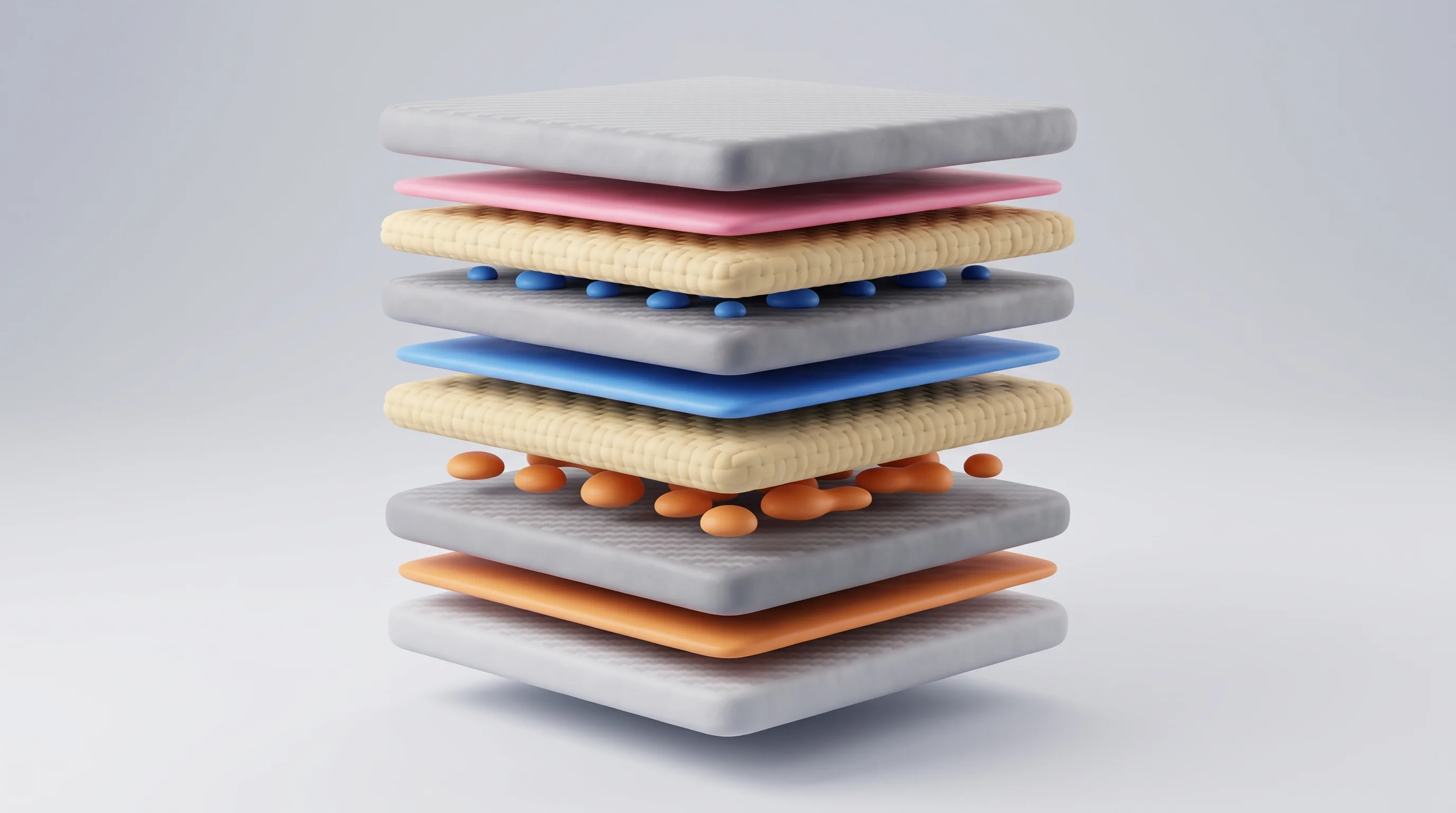 Digital illustration for article section "The Technical Approach" in "Impossible Objects raises $40M for carbon fiber 3D printing" - A clean, minimalist 3D conceptual rendering of several thick, soft-edged square sheets hovering and ...