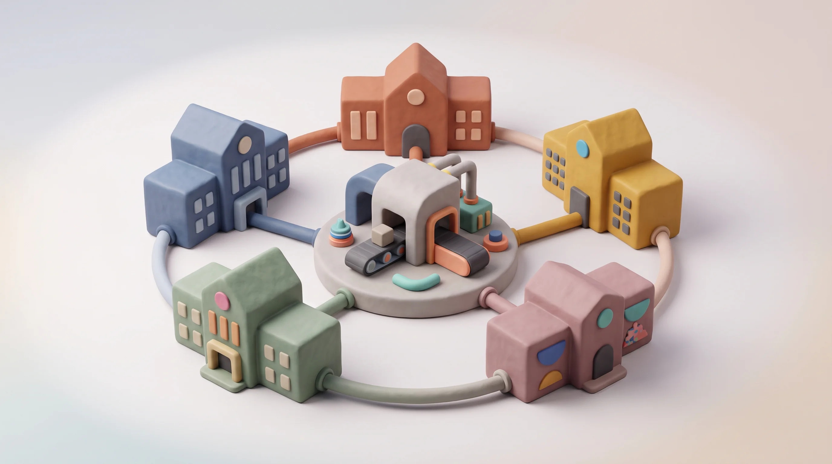 Digital illustration for article section "Customer Deployments and Partnerships" in "Impossible Objects raises $40M for carbon fiber 3D printing" - A conceptual and minimalist 3D illustration representing academic and research partnerships, featuri...