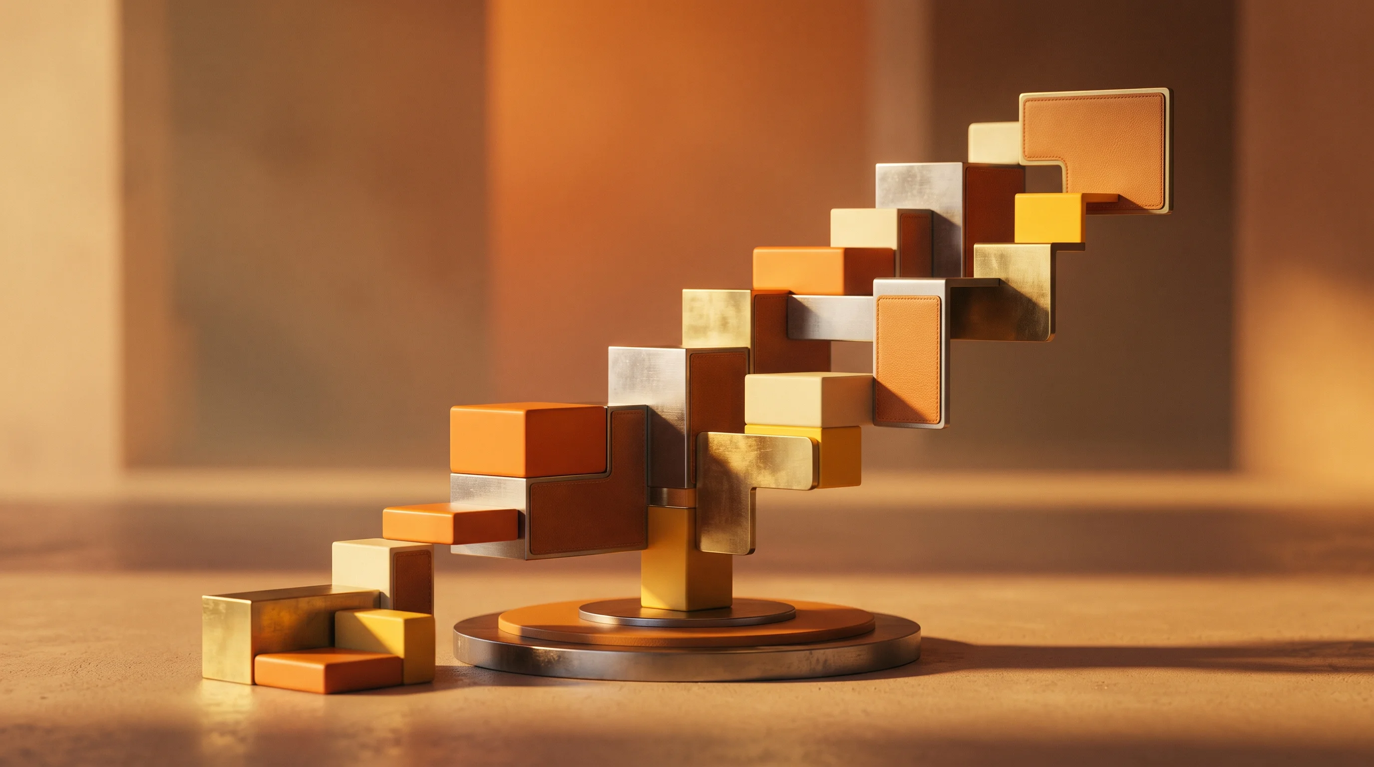 Digital illustration for article section "Early Traction, Big Names" in "Parallel hits $2B valuation building web for AI agents" - A sleek, minimalist conceptual display of premium, interconnected metallic plaques and smooth geomet...