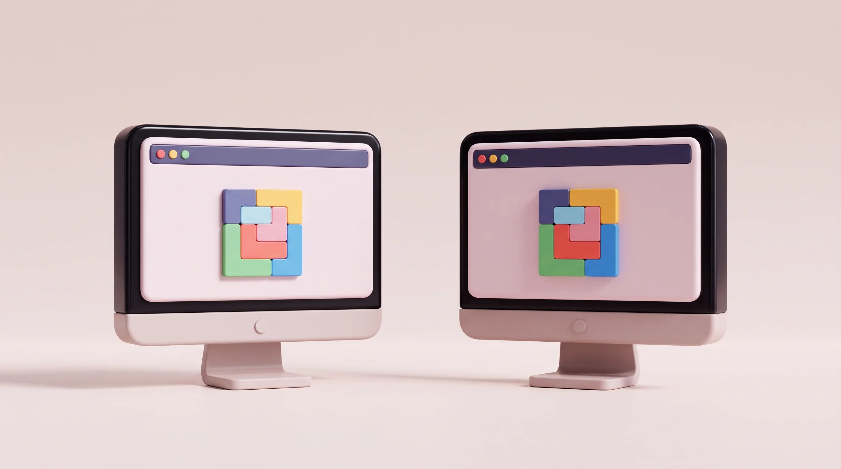 Digital illustration for article section "Content Section 3" in "CoArena launches live benchmark for computer-use AI agents" - A minimalist and surreal 3D pop art composition featuring two perfectly identical, stylized computer...