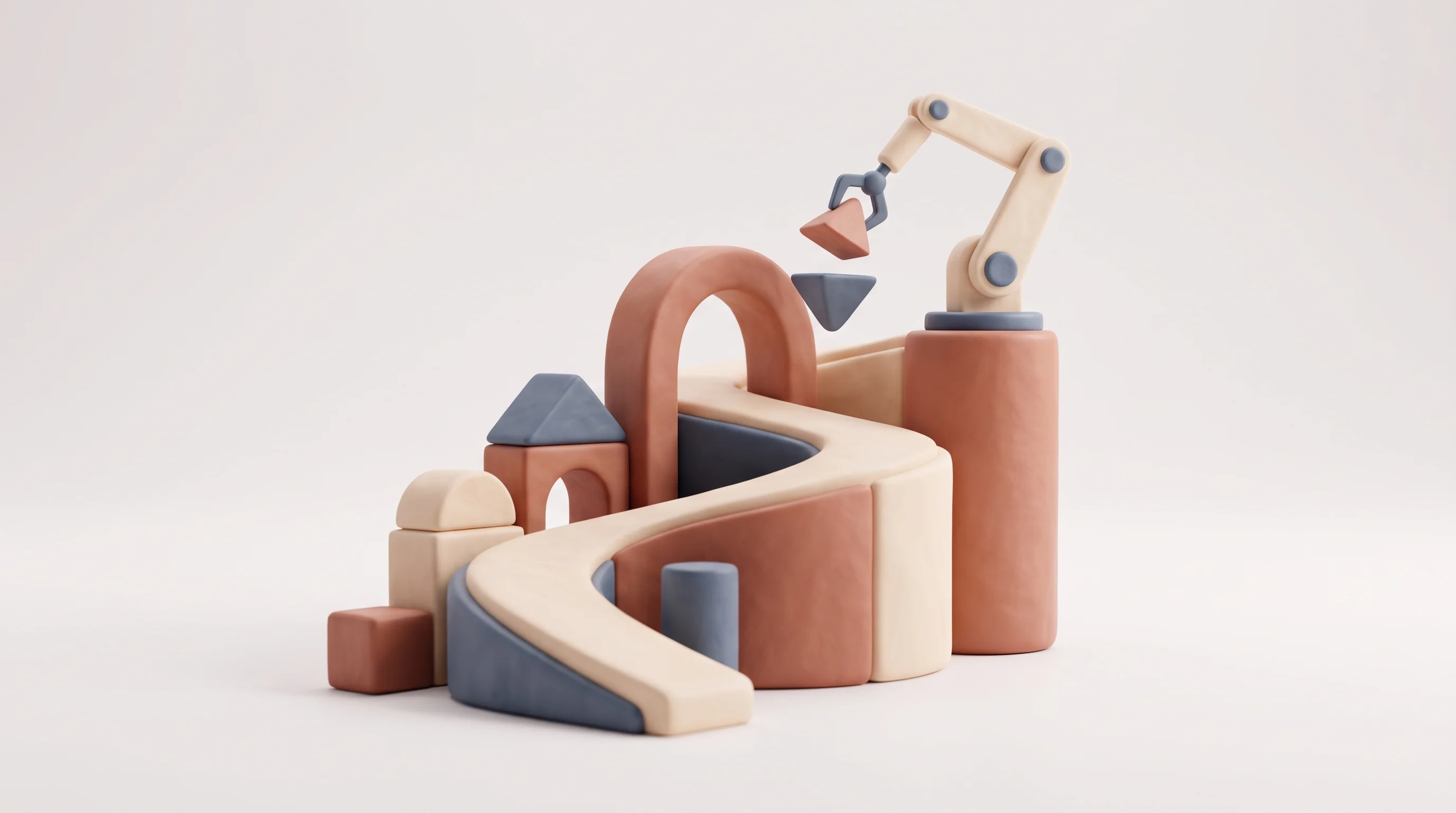 Digital illustration for article section "The Founder's Path" in "Nori Robotics launches $1,688 robot for household tasks" - A conceptual minimalist 3D clay style illustration representing a founder's journey at the intersect...