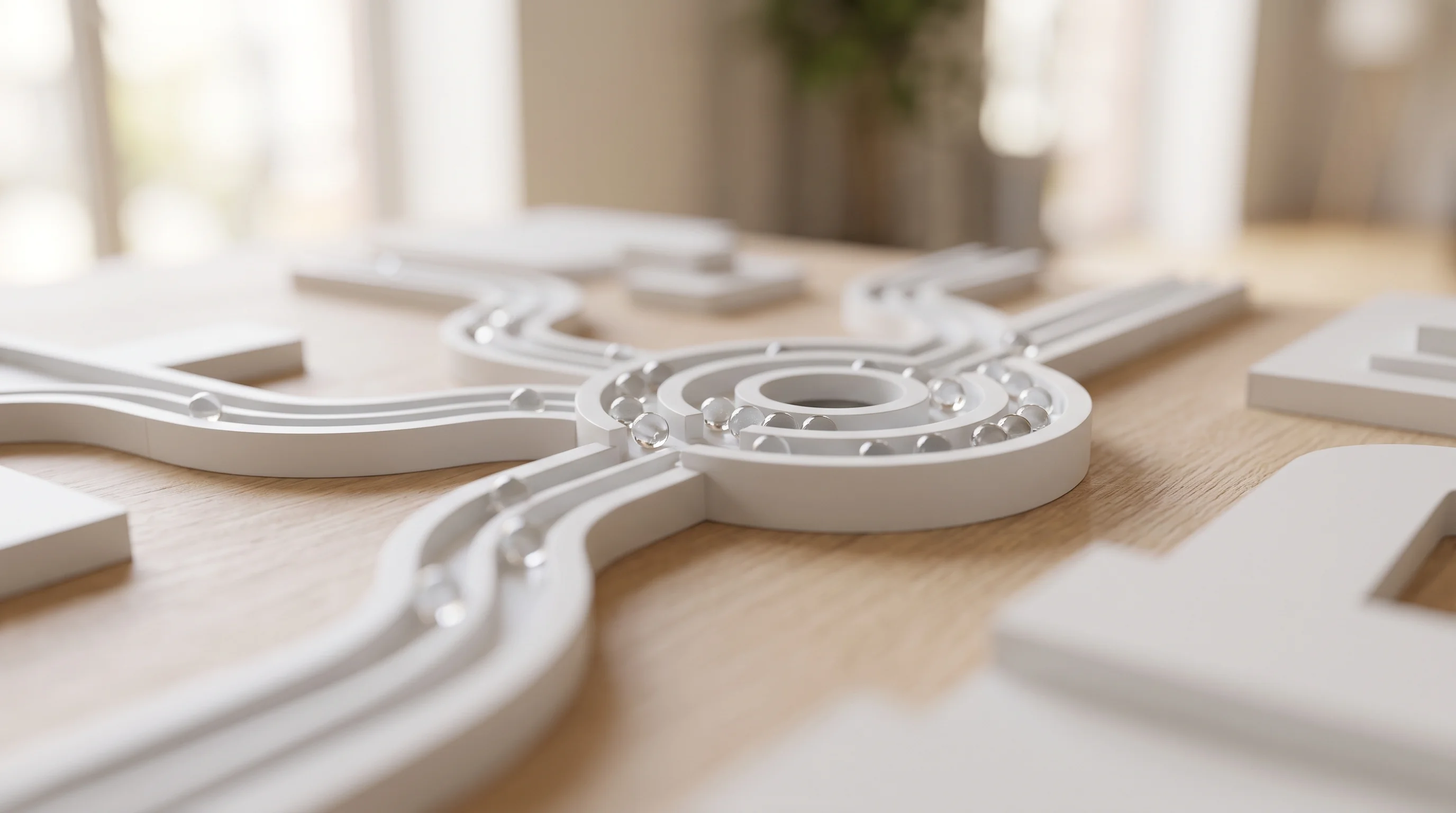 Digital illustration for article section "The Year Ahead" in "Tracer launches Echo to cut AI inference costs by 67%" - A macro photography shot of a sleek, minimalist architectural model representing a modern routing pl...