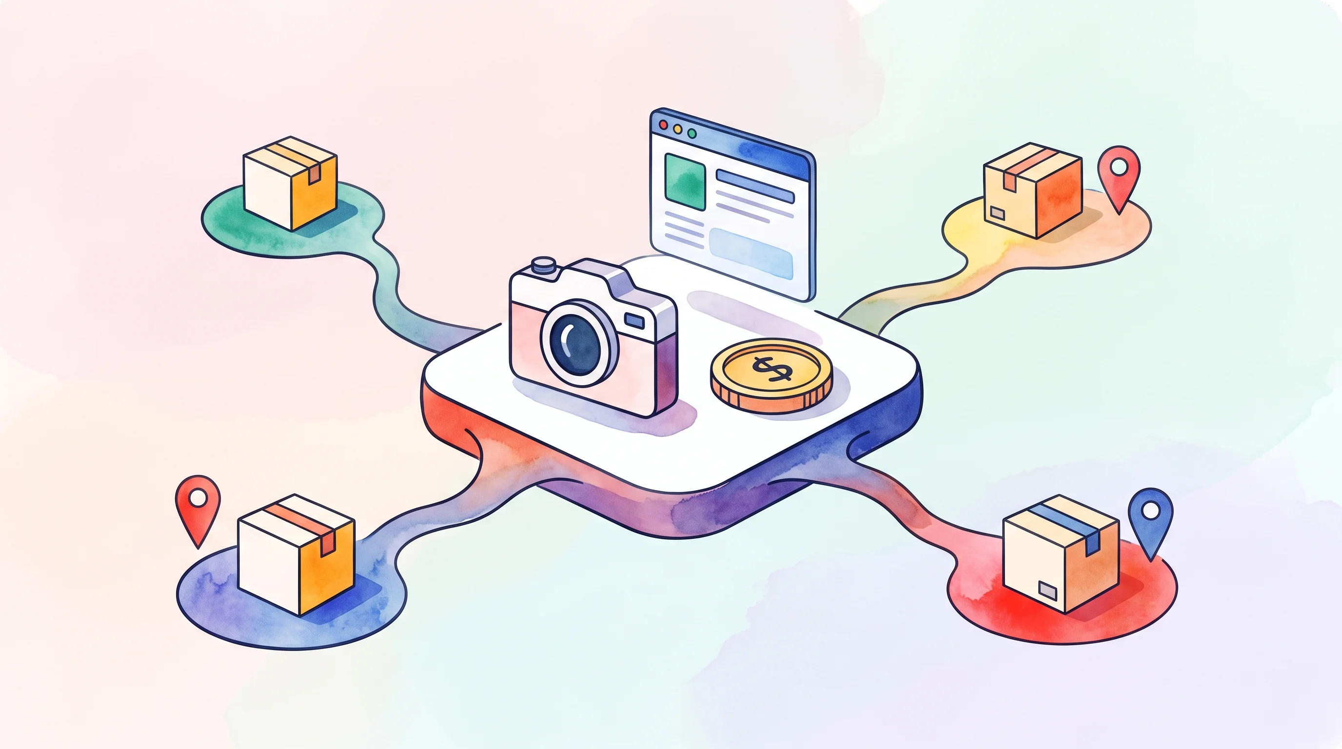 Digital illustration for article section "The Distributed Model" in "DeepReach builds data network to solve physical AI bottleneck" - A conceptual, modern illustration of a distributed business model featuring a central, stylized plat...