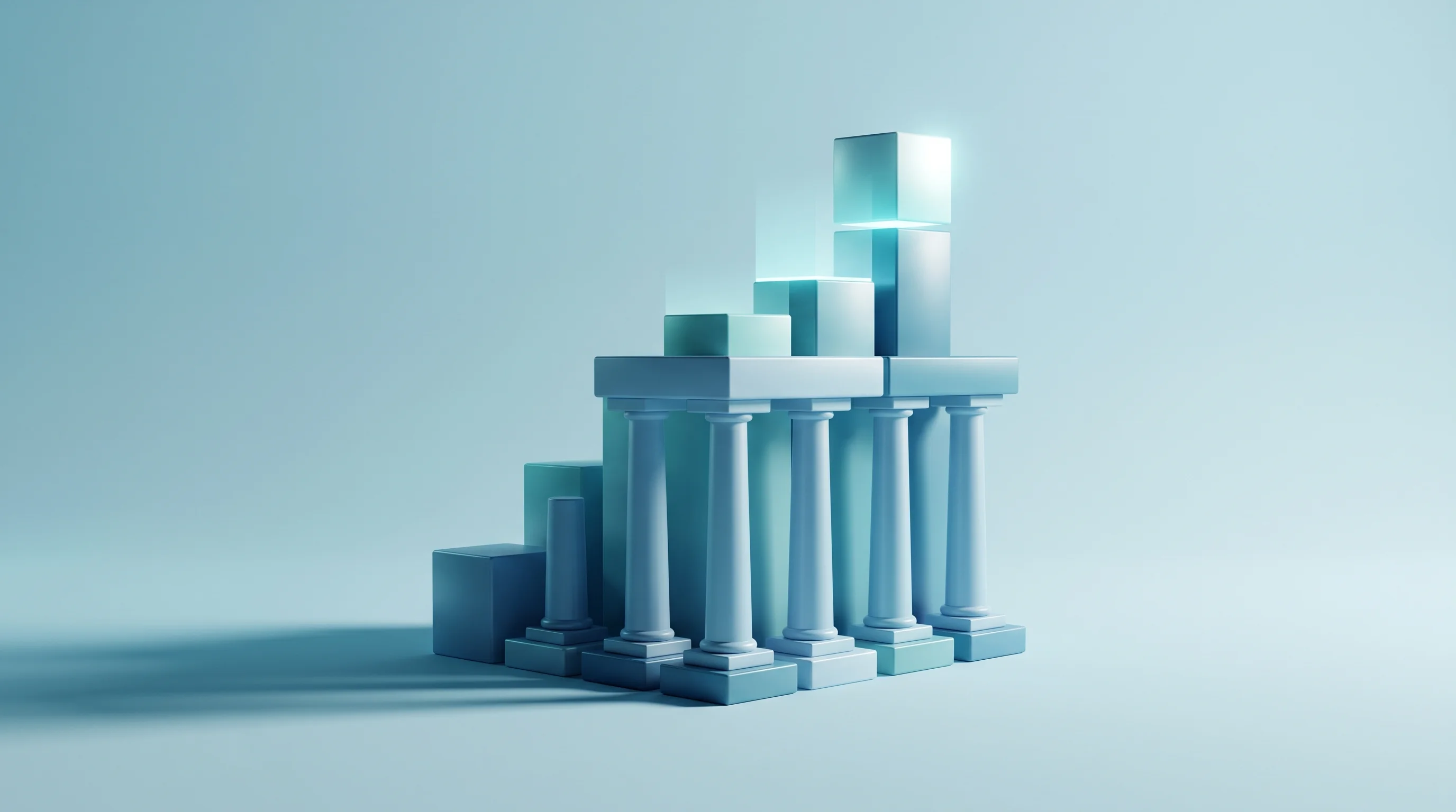 Digital illustration for article section "Content Section 2" in "Stoa launches GPU marketplace with $300M+ first-month RFQs" - A conceptual 3D illustration representing the foundation of a new startup, featuring a clean, geomet...