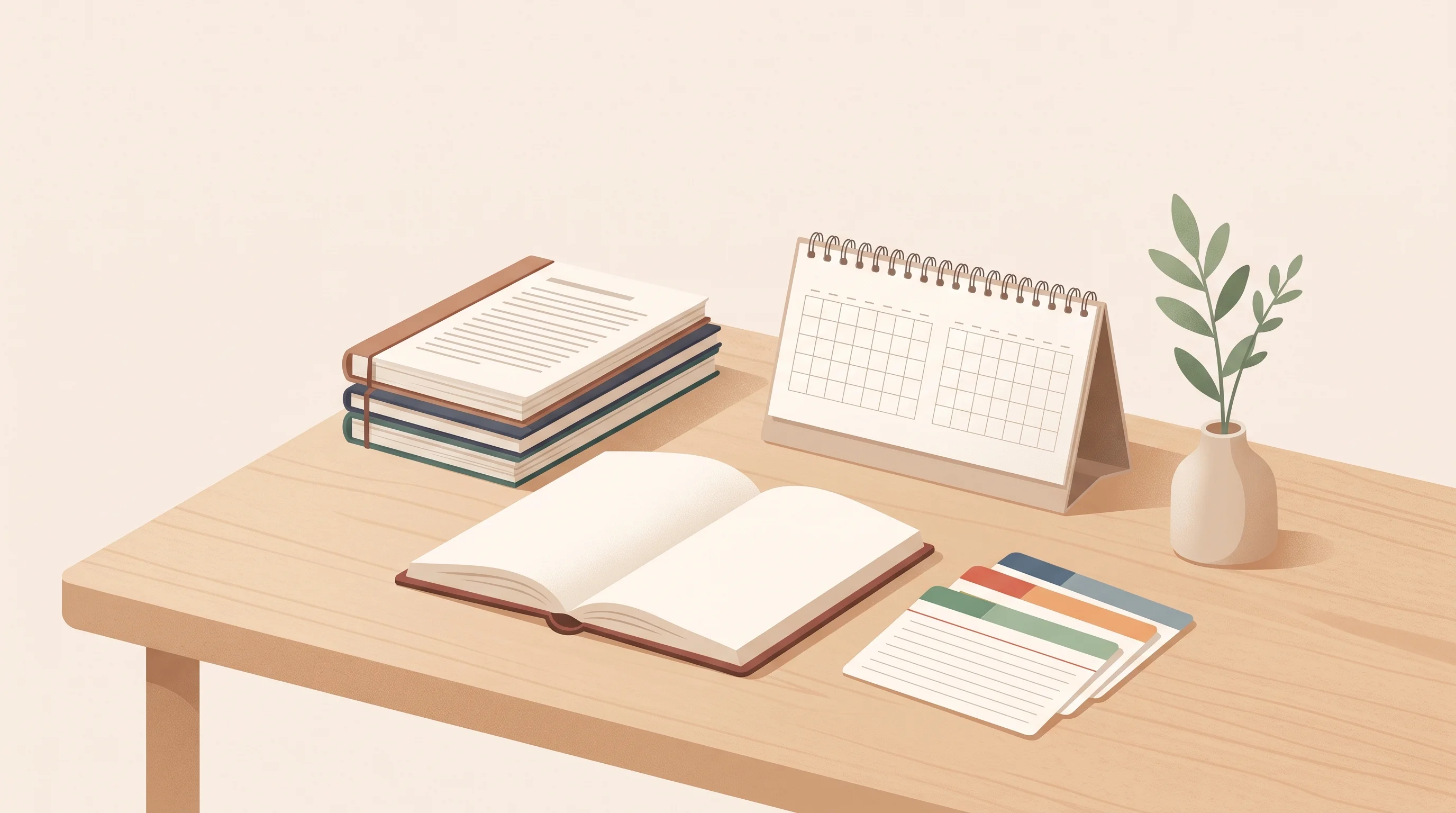 Digital illustration for article section "Content Section 3" in "Nex launches AI platform for high-volume GTM workflows" - A minimalist, conceptual workspace featuring a stylized open journal and a neat stack of elegantly b...