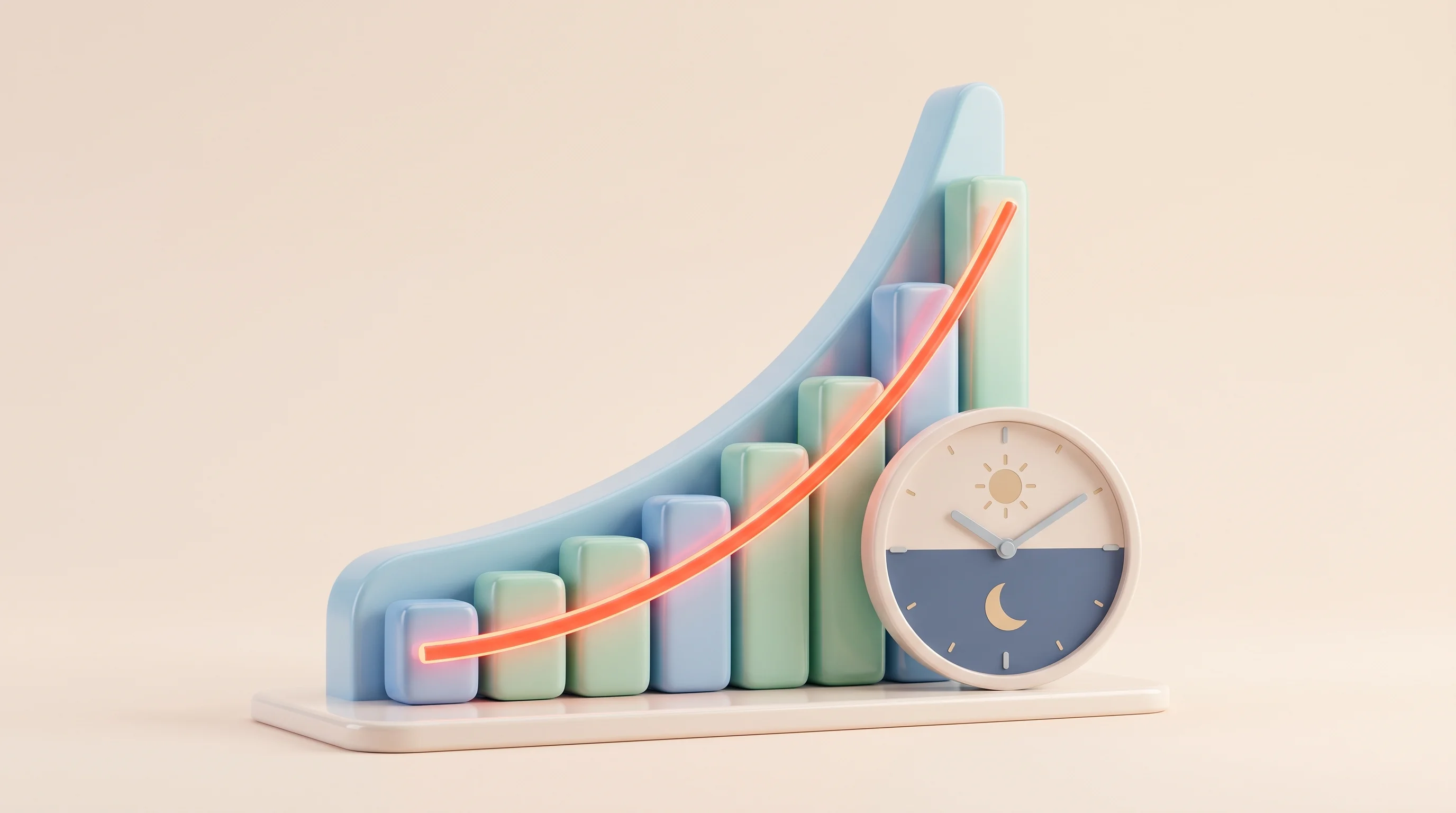 Digital illustration for article section "What Comes Next" in "Prodigy Research claims 140% returns with AI trading model" - A conceptual 3D cartoon miniature model representing the future of continuous 24x5 U.S. equities tra...