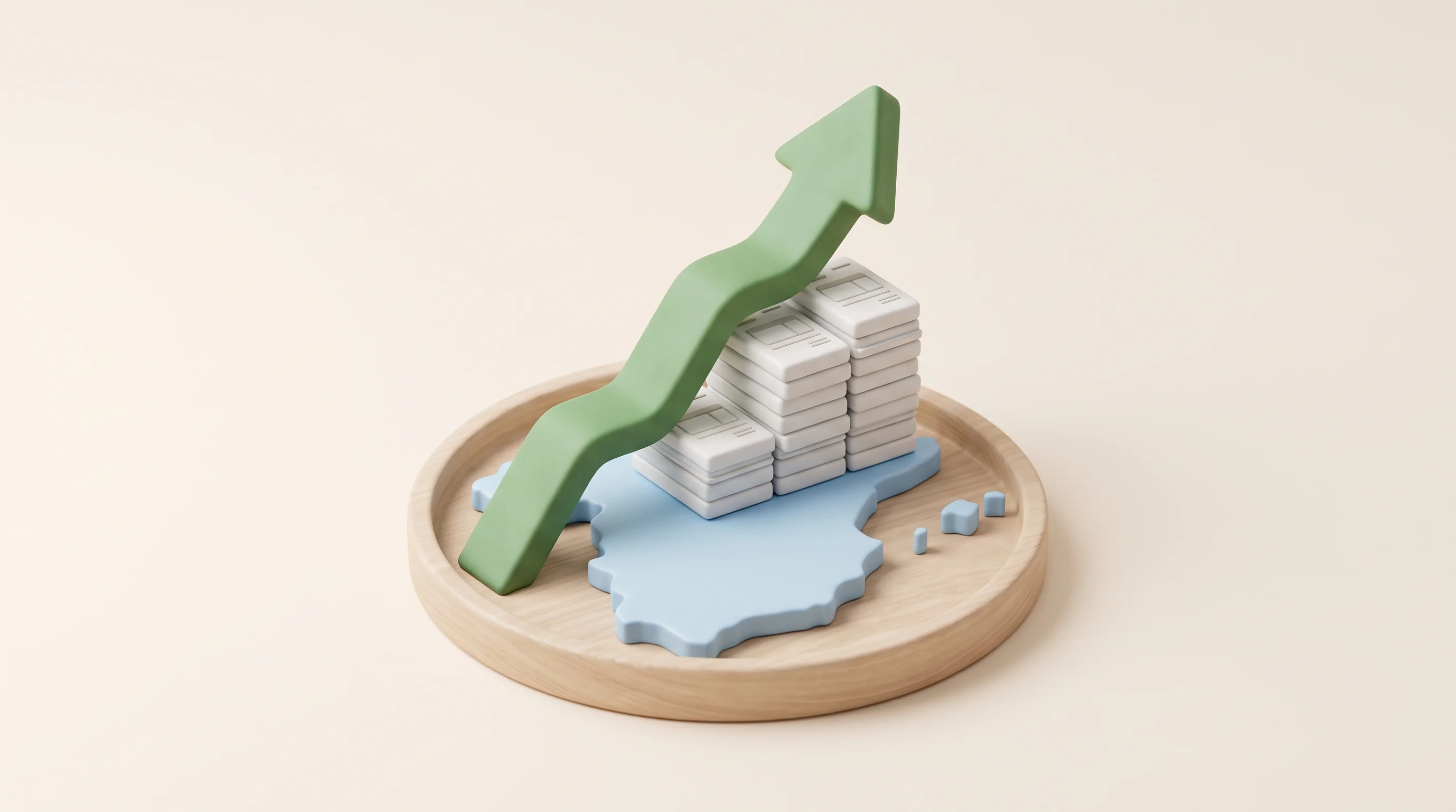 Digital illustration for article section "Growth trajectory" in "Chift raises $12.2M to unify Europe's financial software APIs" - A clean, minimalist 3D miniature diorama symbolizing business growth and European expansion, featuri...