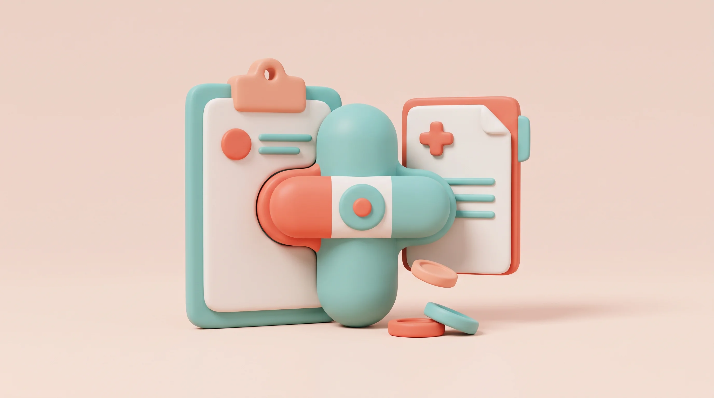 Digital illustration for article section "Where the money goes" in "Tandem Health raises $100M to scale AI medical assistant" - A minimalist 3D clay style illustration representing the development of an integrated clinic operati...