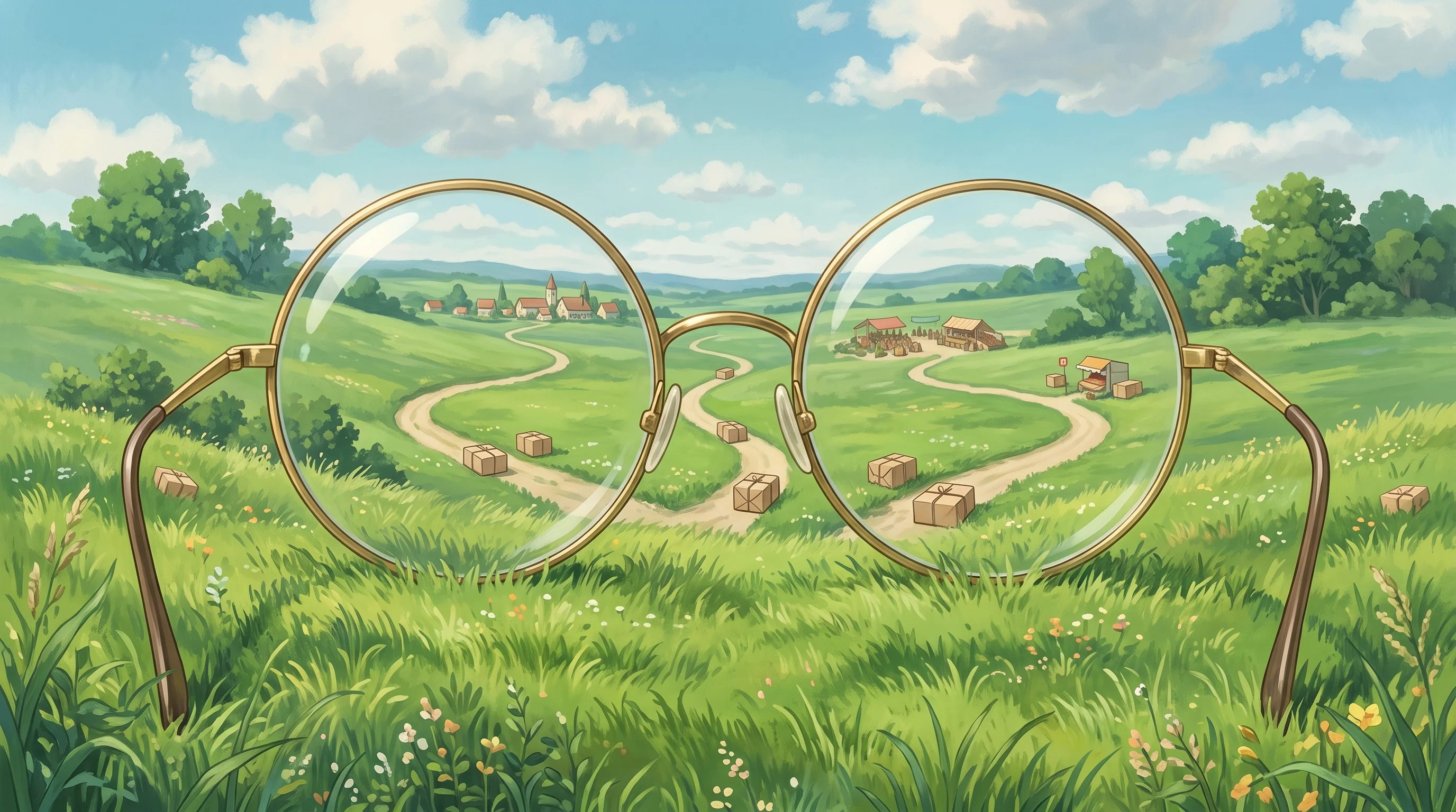 Digital illustration for article section "Content Section 2" in "Peep Beauty raises ₹12 Cr to build India's first eye beauty brand" - A beautifully detailed, oversized pair of elegant eyeglasses resting on a lush, rolling green hill s...