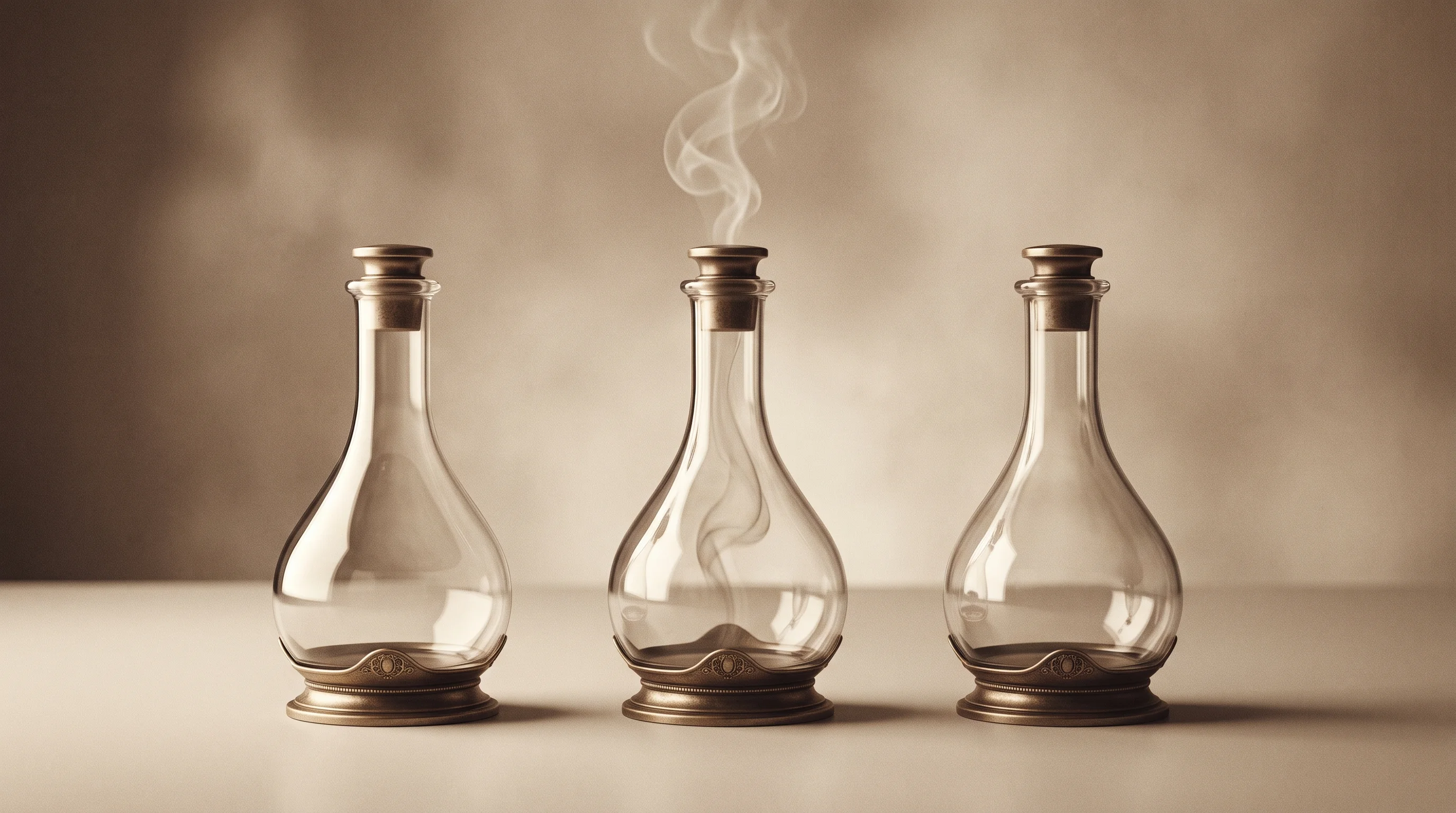 Digital illustration for article section "Three Founders, Three Models, Three Patents" in "Rasyn claims 100,000x faster chemical development with AI" - A conceptual and minimalist still life featuring three elegant, antique-style glass laboratory flask...