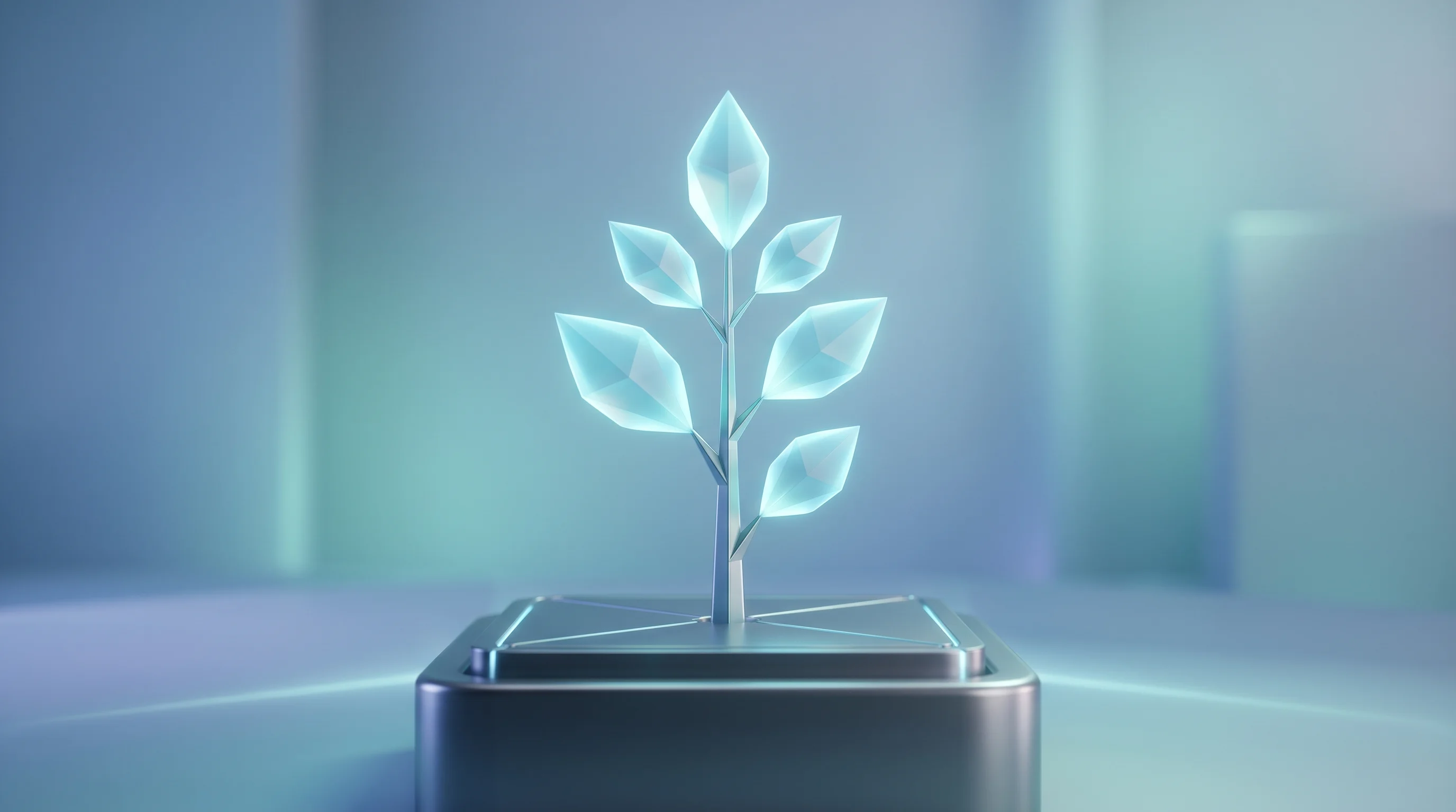 Digital illustration for article section "Content Section 5" in "Triver raises £8M to automate SME cashflow streaming" - A minimalist, futuristic 3D rendering of an elegant, stylized geometric seedling emerging from a sle...
