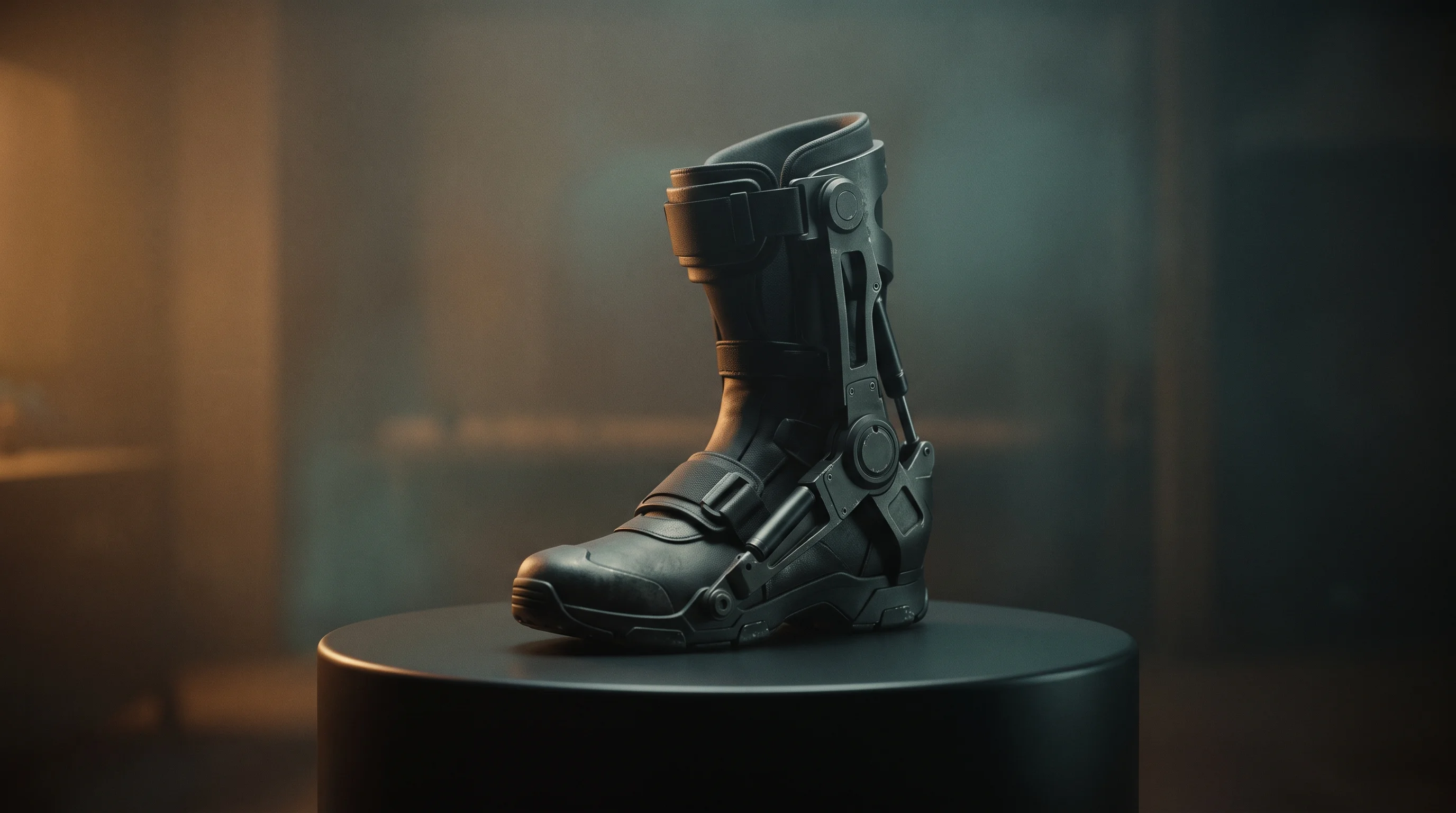 Digital illustration for article section "Content Section 5" in "Edgerun launches military exoskeleton with $100M+ in LOIs" - A minimalist and striking composition featuring a sleek, modern robotic ankle exoskeleton boot resti...