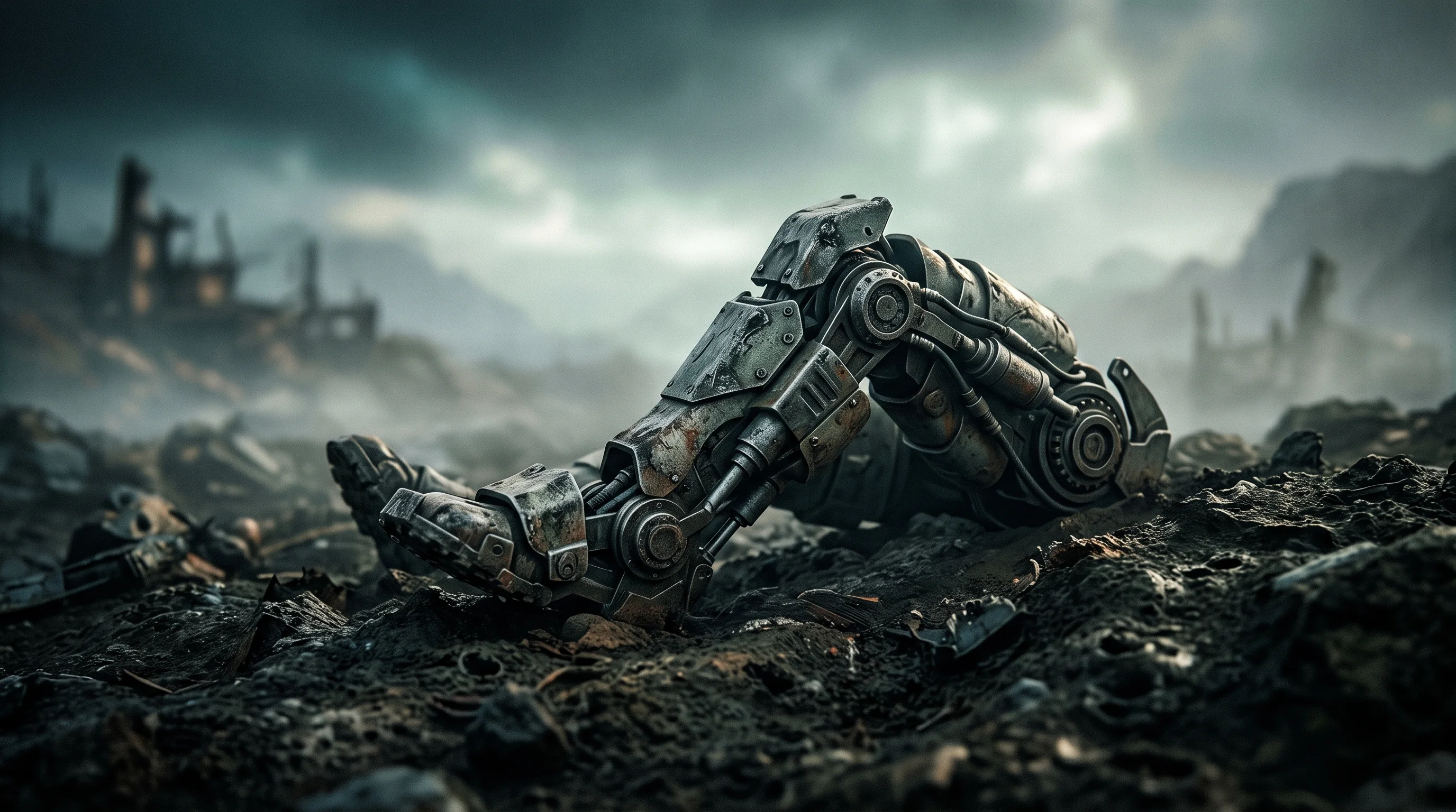 Digital illustration for article section "Content Section 7" in "Edgerun launches military exoskeleton with $100M+ in LOIs" - A solitary, advanced powered exoskeleton mechanical suit piece resting on rugged, battle-scarred ear...