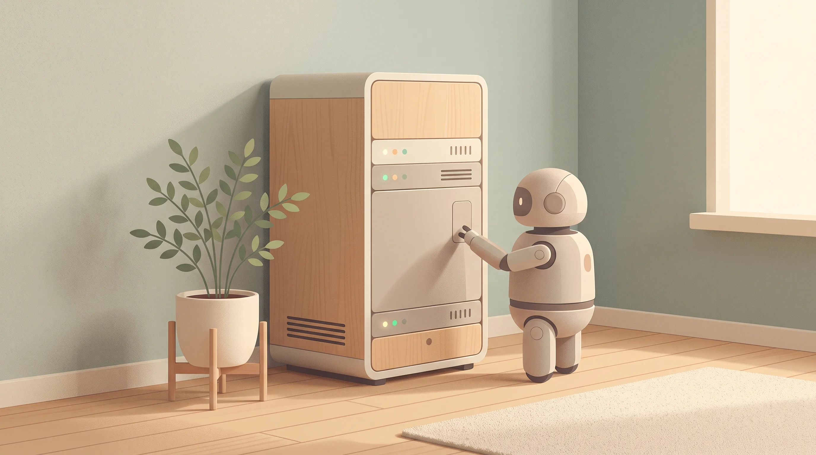 Digital illustration for article section "Content Section 2" in "Proprio launches robots for 400K unstaffed data center jobs" - A sleek, minimalist autonomous robot gently tending to a modern, elegant server cabinet in a quiet, ...