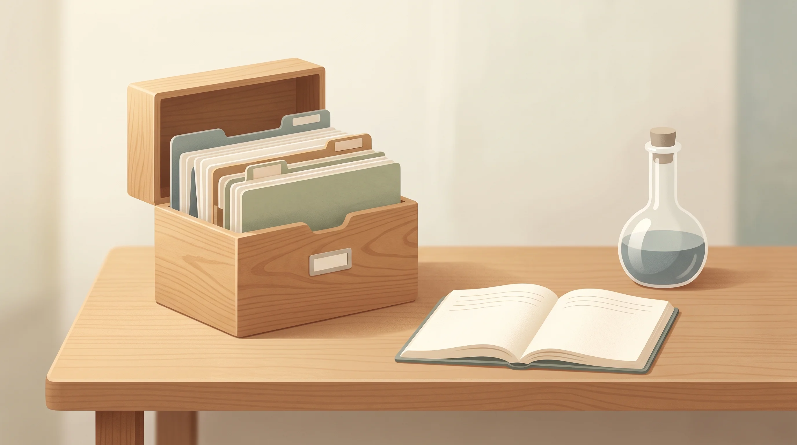 Digital illustration for article section "Content Section 3" in "Proprio launches robots for 400K unstaffed data center jobs" - A minimalist and cozy illustration of a beautifully organized wooden archive box resting on a clean ...