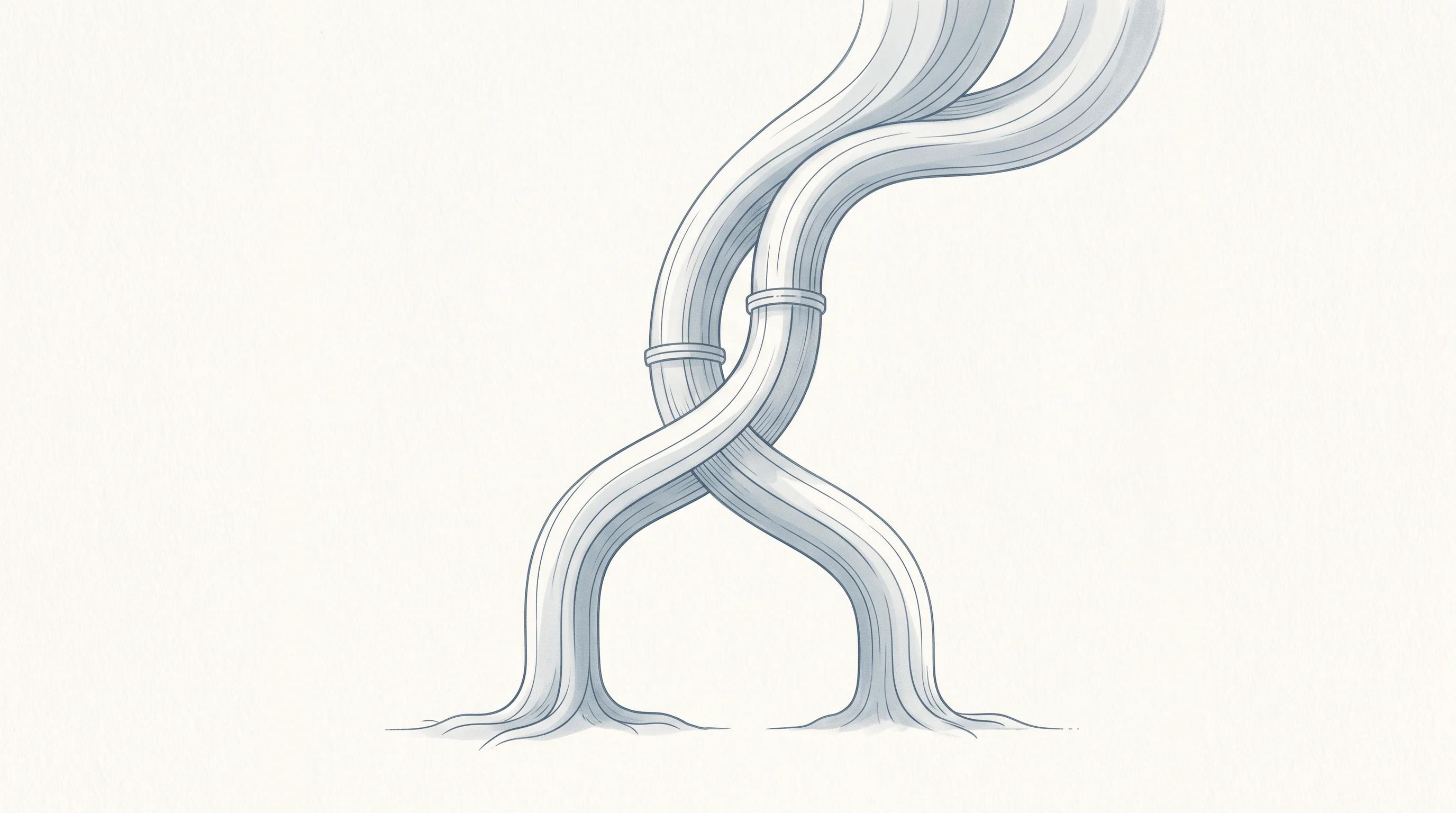 Digital illustration for article section "A Two-Person Team With Observability Roots" in "Agnost AI trains custom models from agent failure logs" - A conceptual and minimalist neo-vintage illustration of two elegant, intertwined structural pipeline...