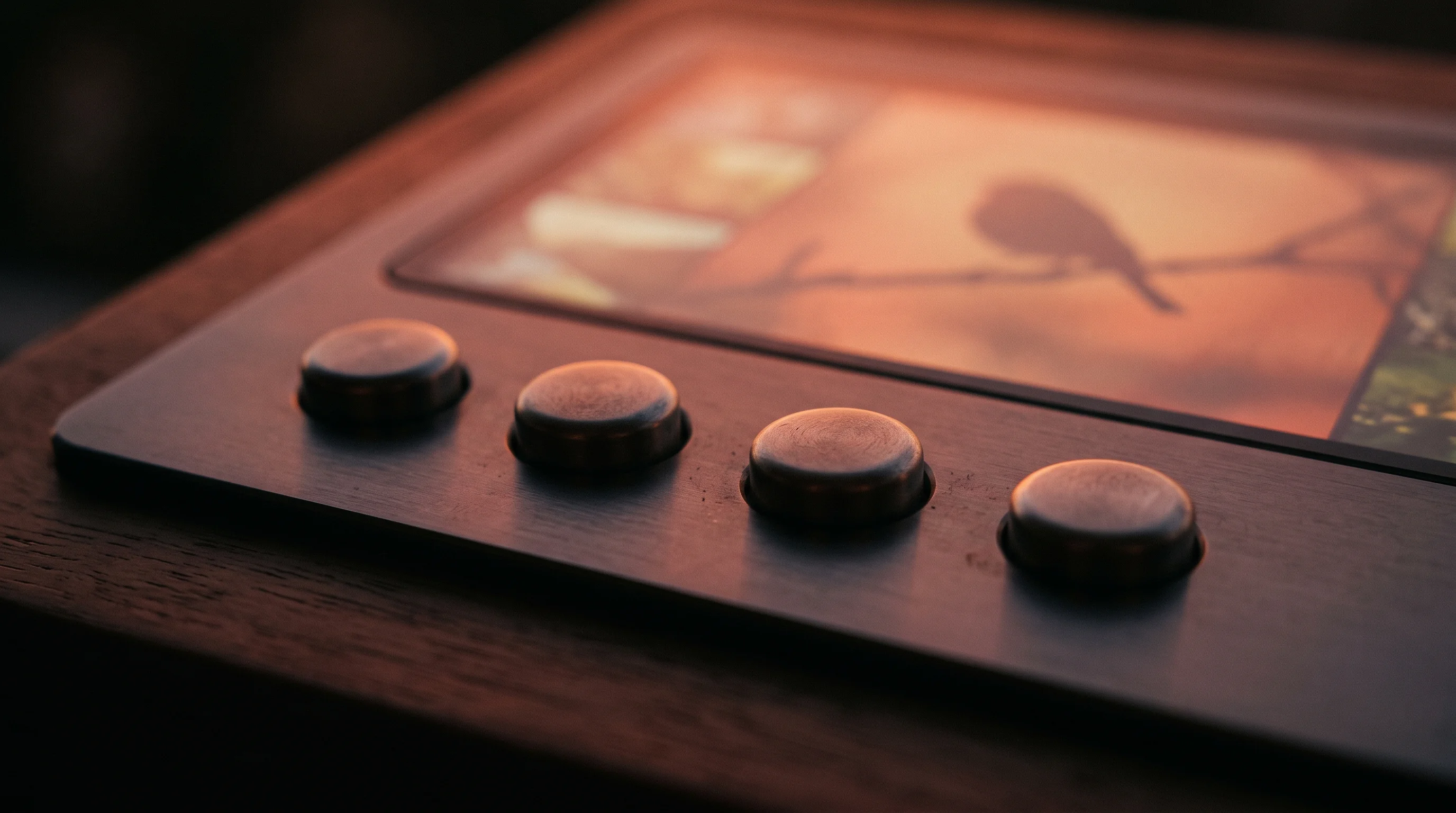 Digital illustration for article section "Content Section 2" in "Fugleramme launches E-Ink bird frame with 1800s-style art" - A minimalist, macro close-up of a sleek control panel featuring exactly four physical, tactile butto...