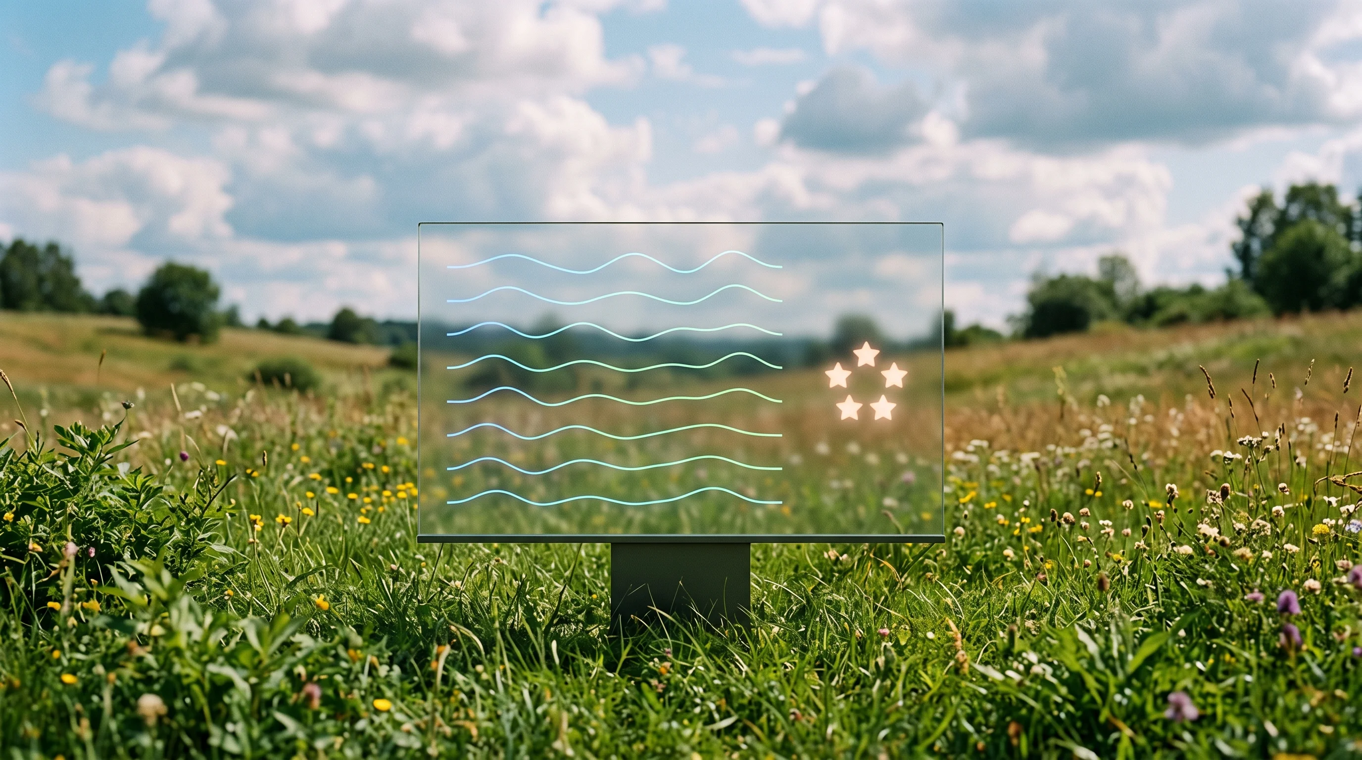 Digital illustration for article section "Early Adoption and Narrow Testing" in "Kinesis launches open-source Mac control via Meta Neural Band" - A sleek, modern glass display stands elegantly in the center of a lush, highly detailed grassy meado...