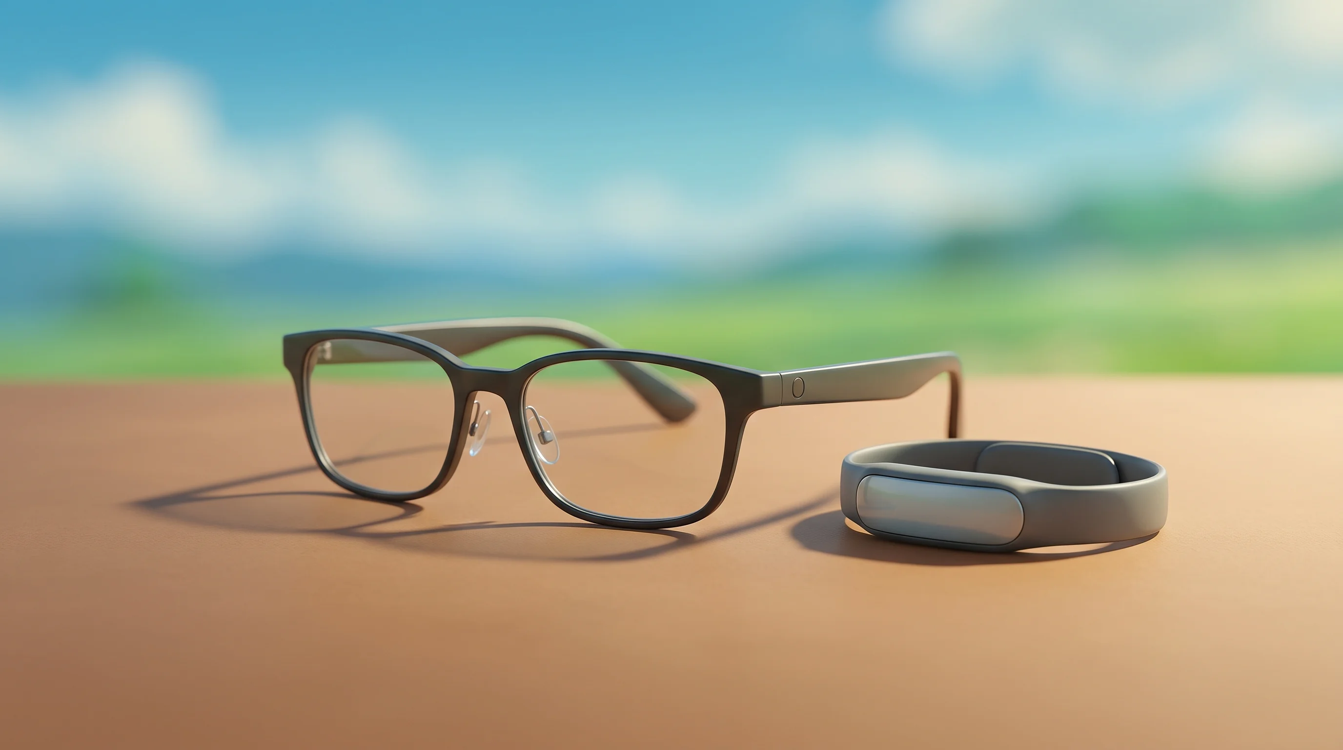 Digital illustration for article section "The Broader Ecosystem" in "Kinesis launches open-source Mac control via Meta Neural Band" - A clean, minimal composition featuring a sleek pair of modern smart glasses and a streamlined neural...