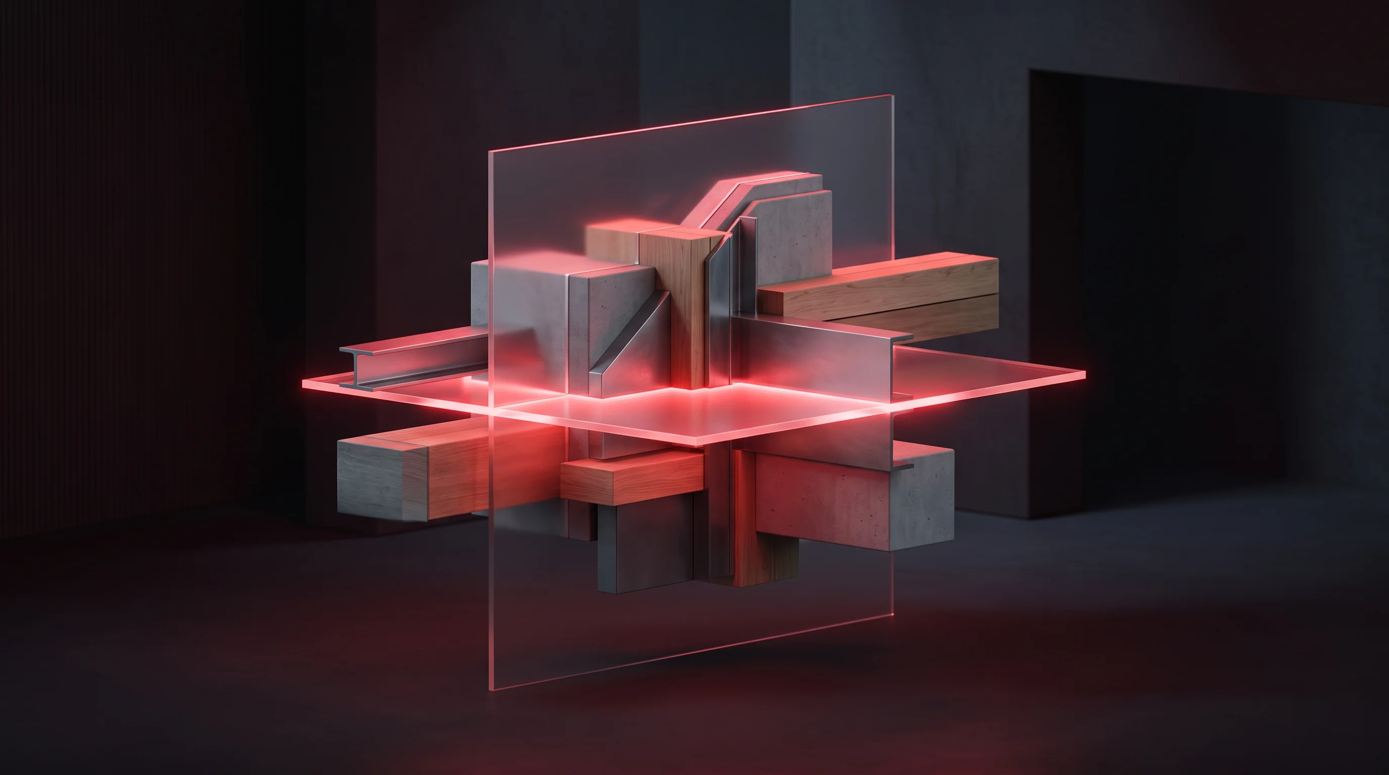 Digital illustration for article section "Engineering the translation problem" in "Scaffold raises $15M to automate construction data integration" - A clean, minimal, and conceptual architectural visualization representing a seamless translation lay...