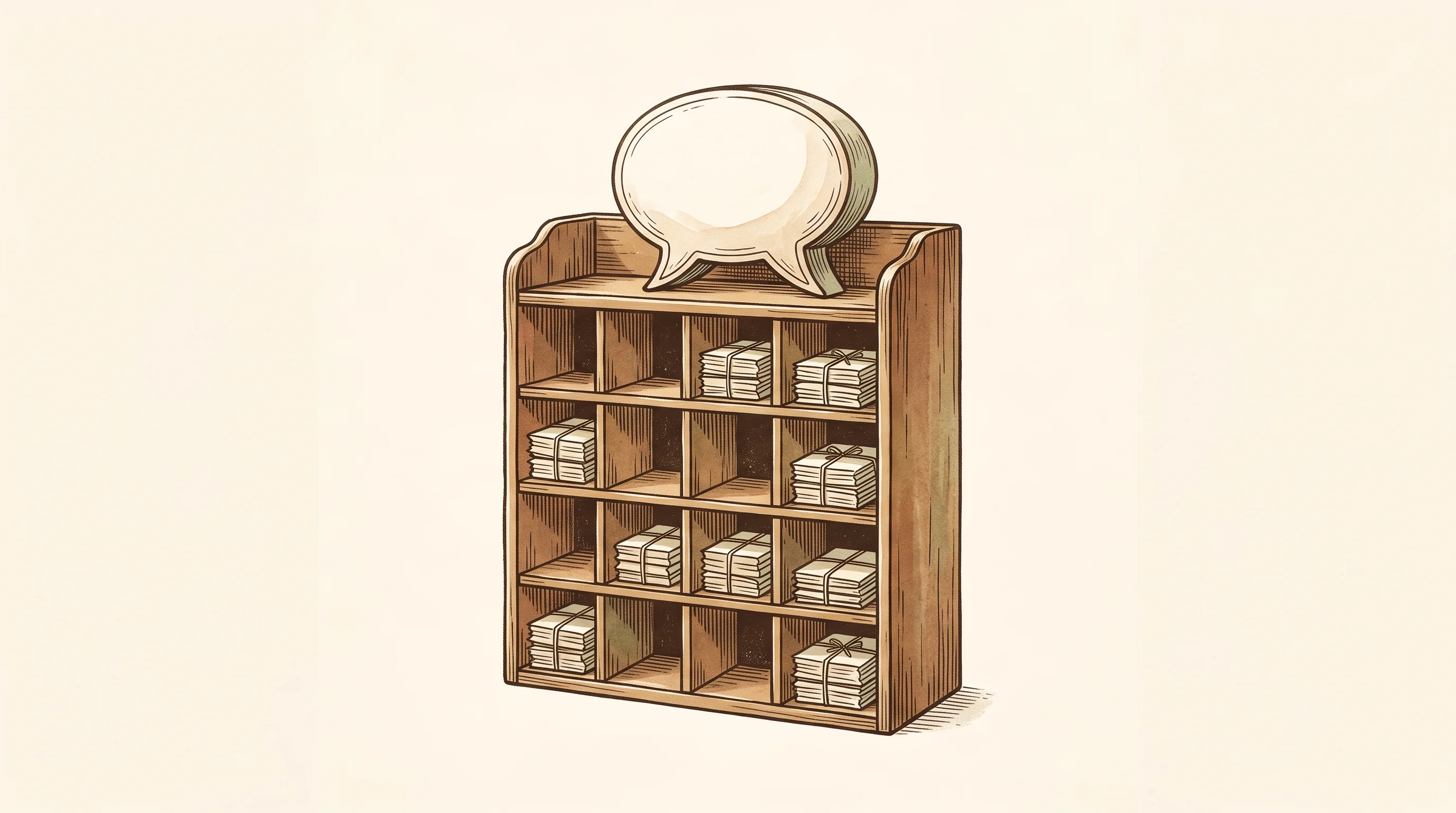 Digital illustration for article section "Content Section 3" in "Veridion raises $20M to map 693M companies worldwide" - A clean, minimalist conceptual illustration of an elegant, vintage wooden marketplace sorting cubby ...